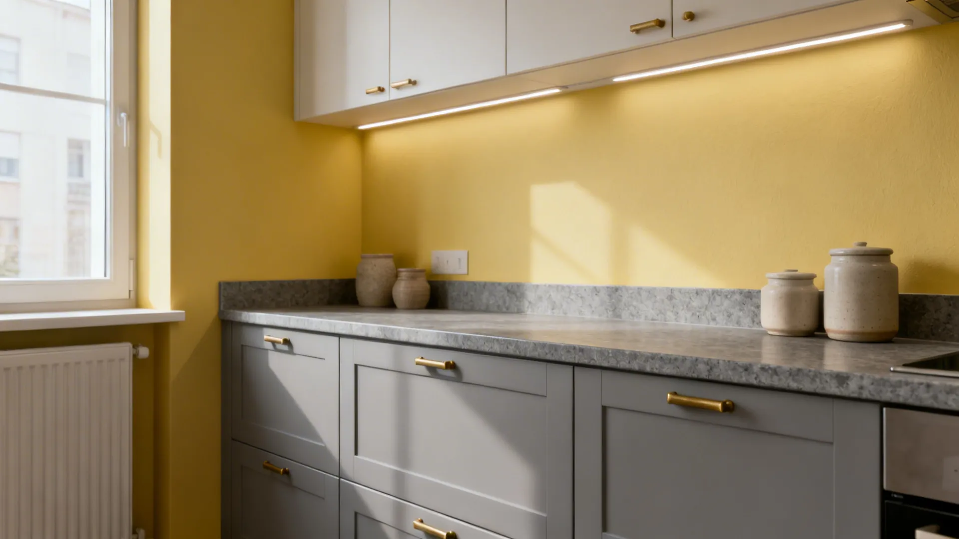 Compact kitchen with matte gray cabinets and a buttery yellow accent wall.