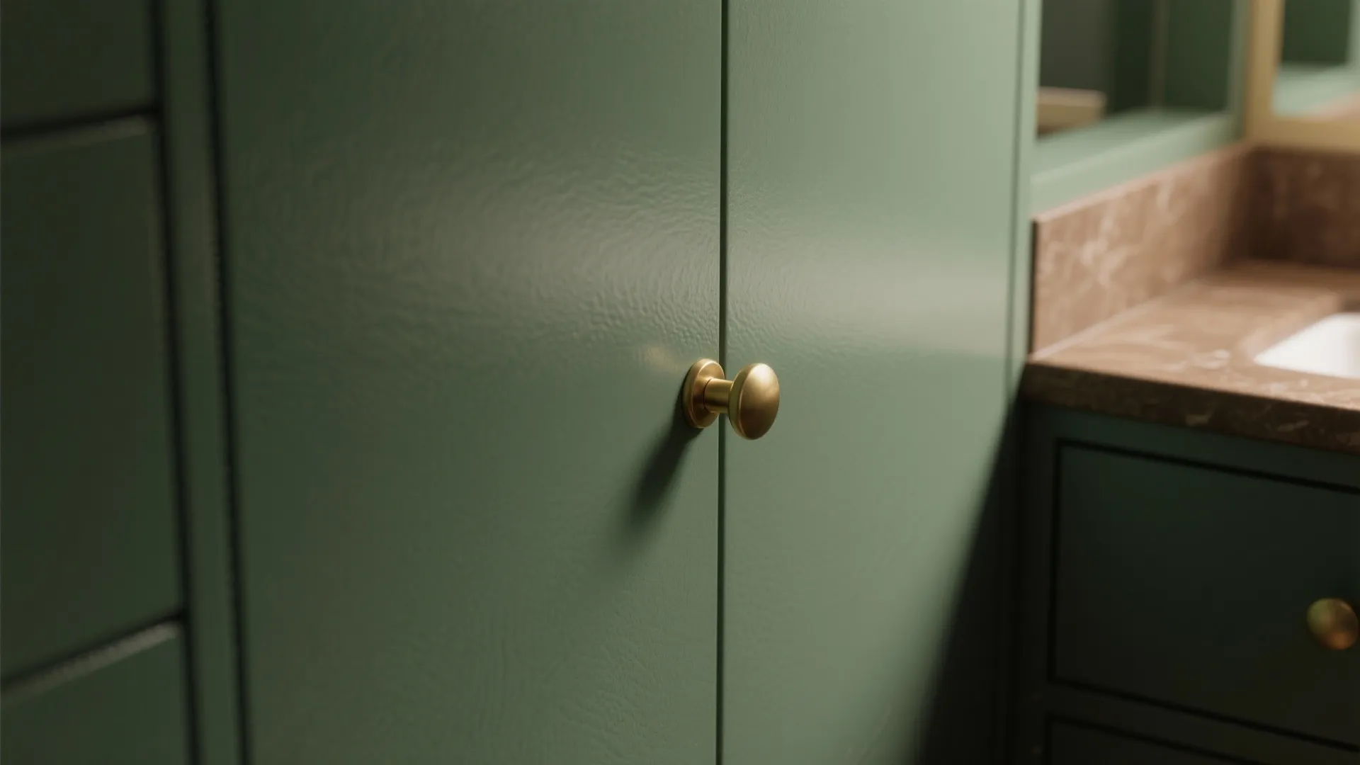 4. Matte green cabinetry with brass hardware