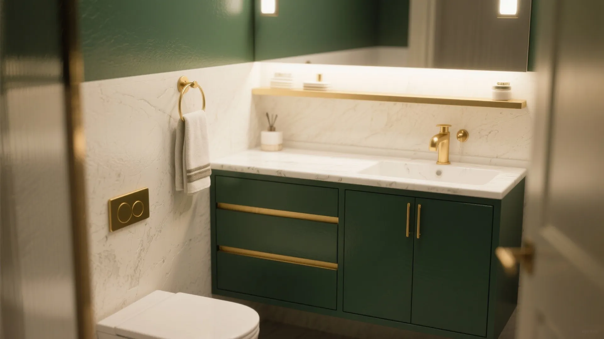 4. Matte green cabinetry with gold hardware