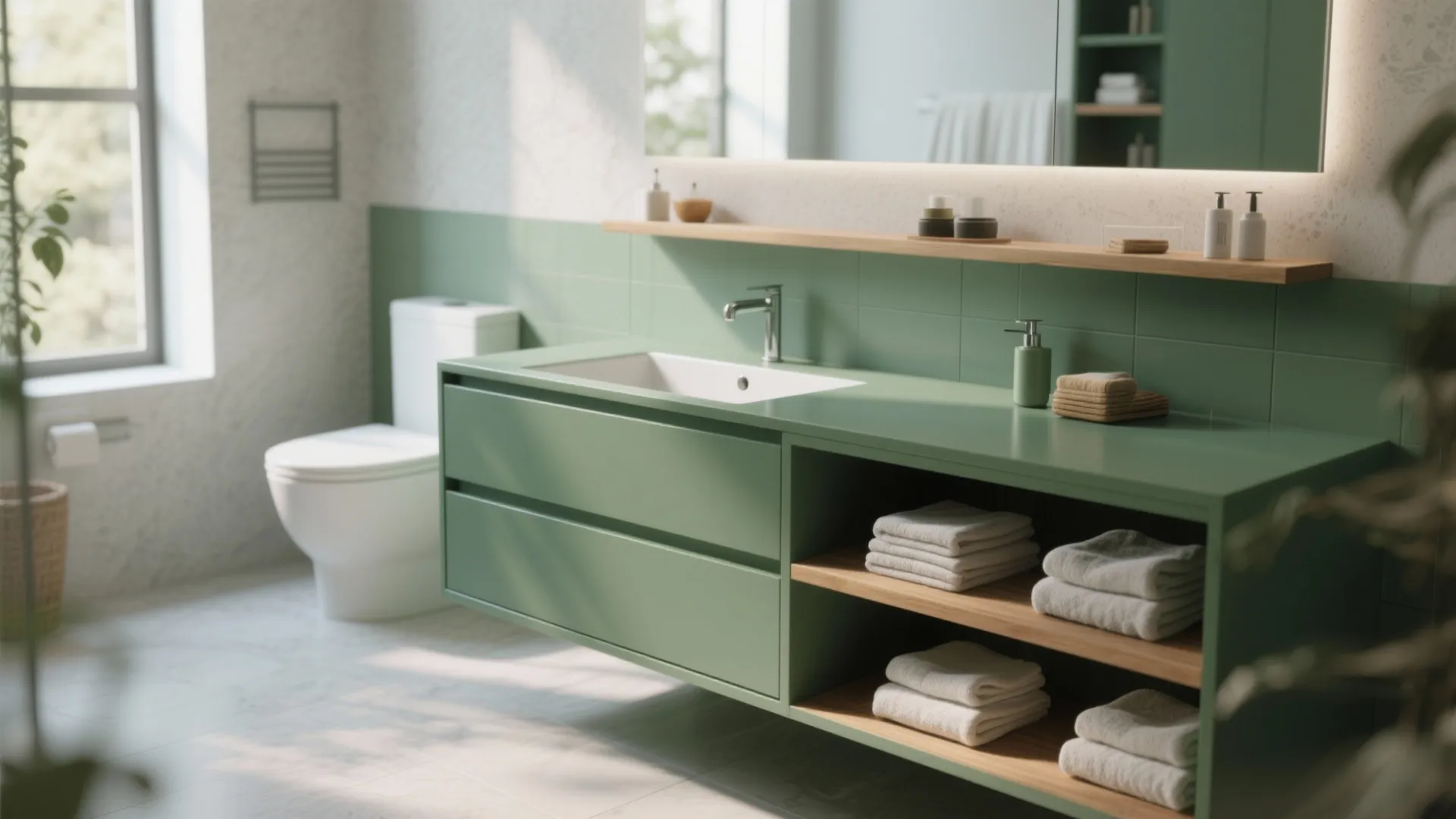 Matte green bathroom vanity with open shelving