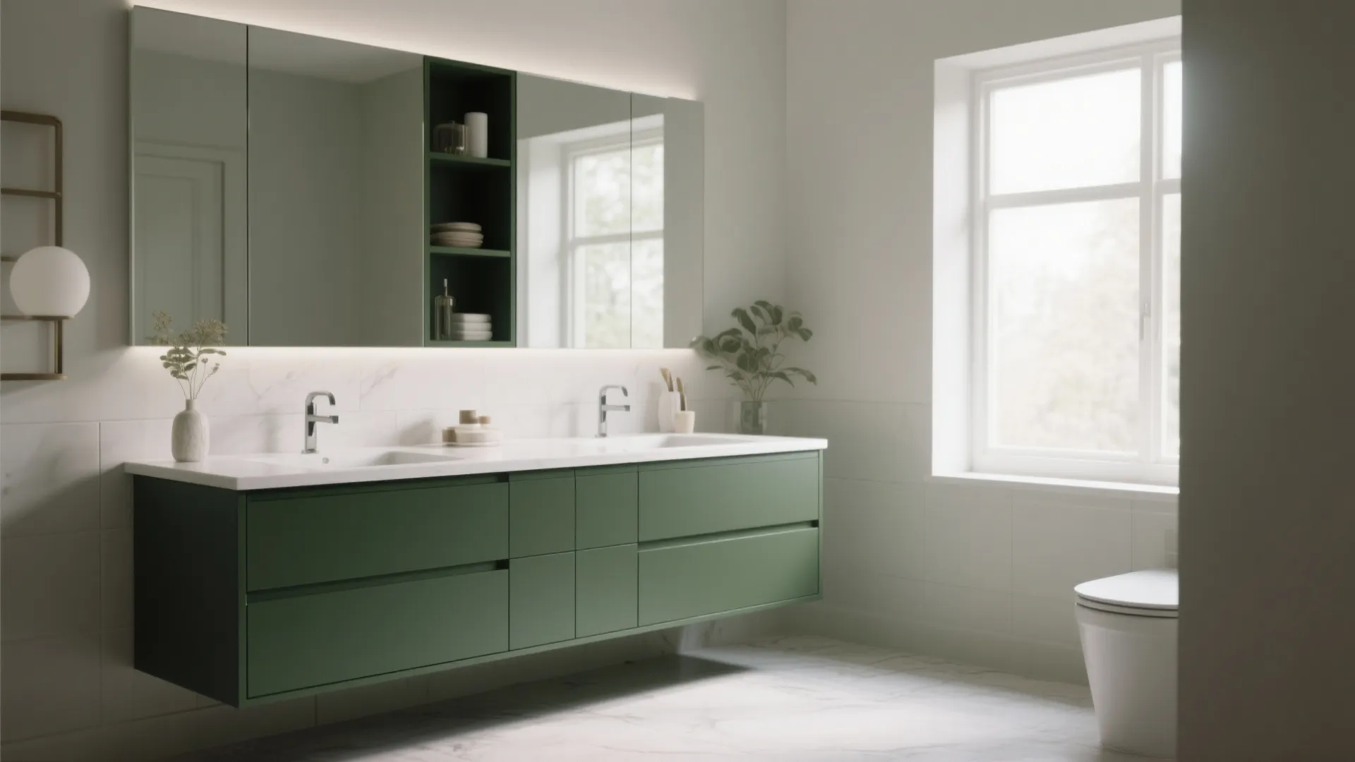 Modern bathroom with a matte green cabinet, double sinks, large mirror, and bright window light