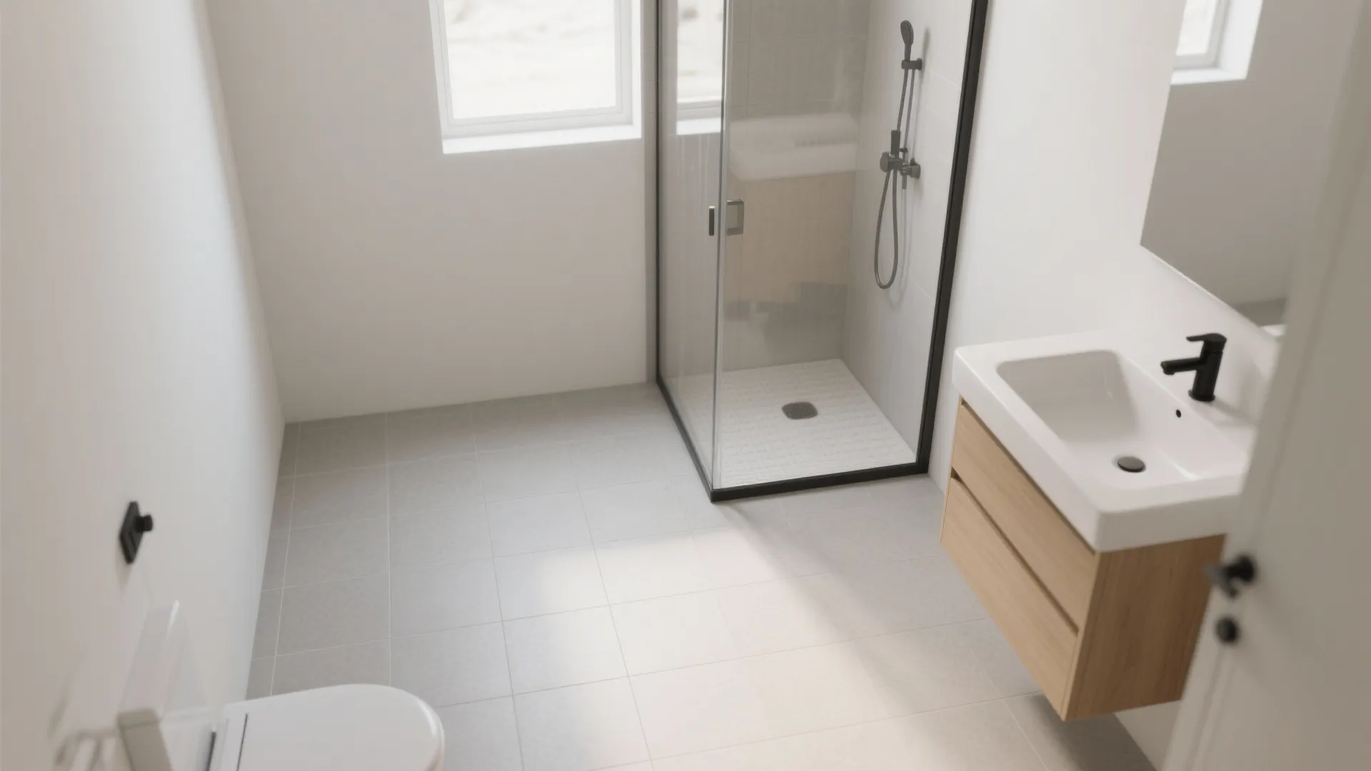 Modern bathroom with grey floor tiles white toilet wooden cabinet and glass shower door interior design