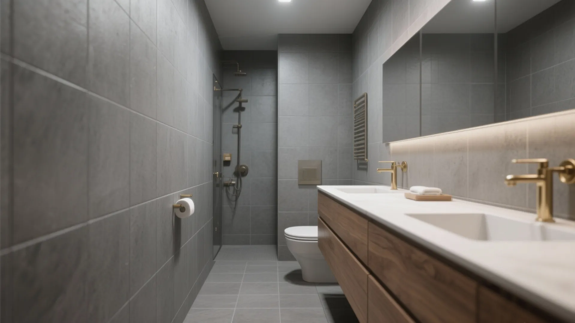 Modern bathroom with grey wall tiles wooden cabinet double sink gold faucets and shower area