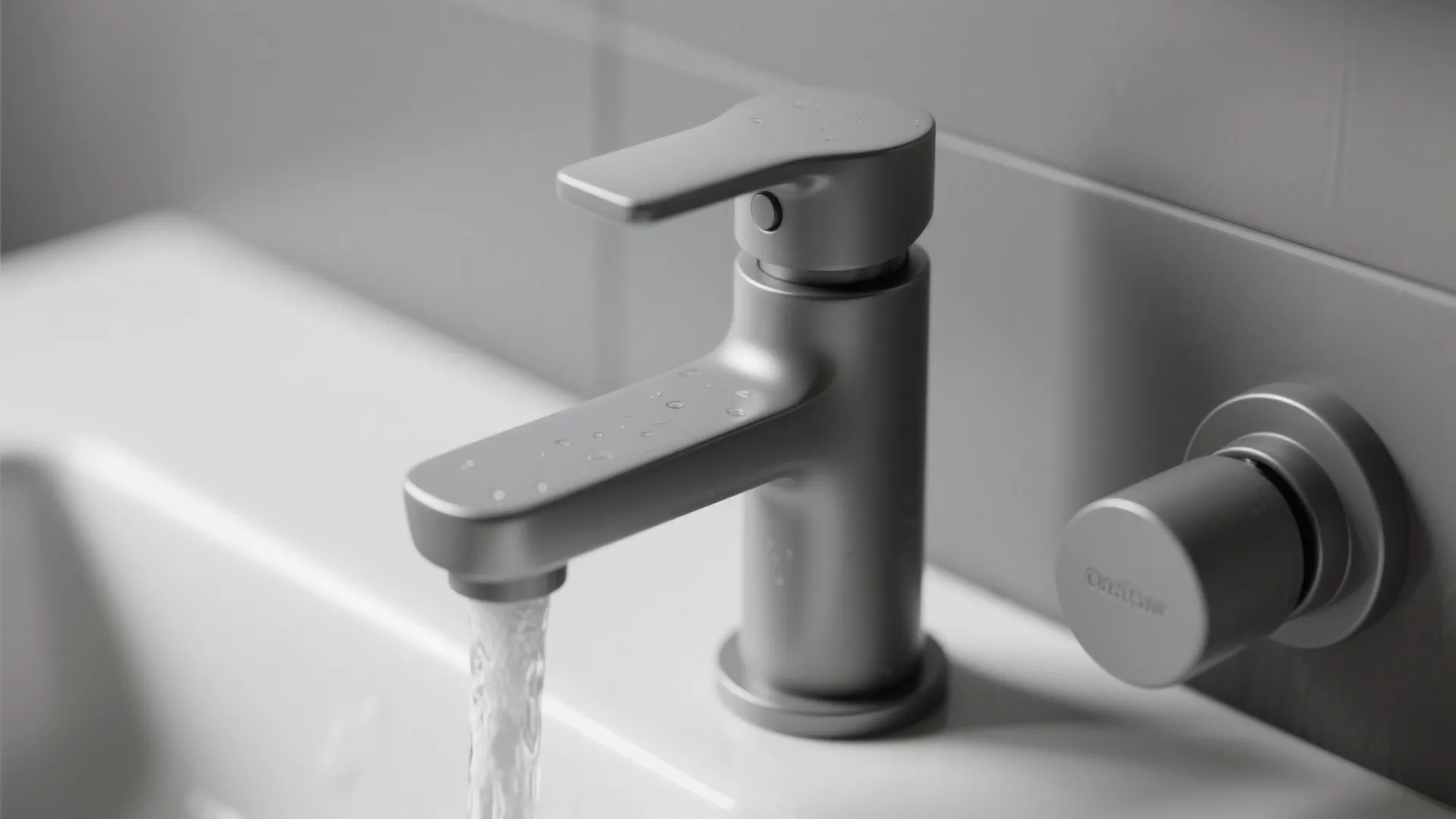 Matte grey water tap running into a white sink with a matching metal control knob
