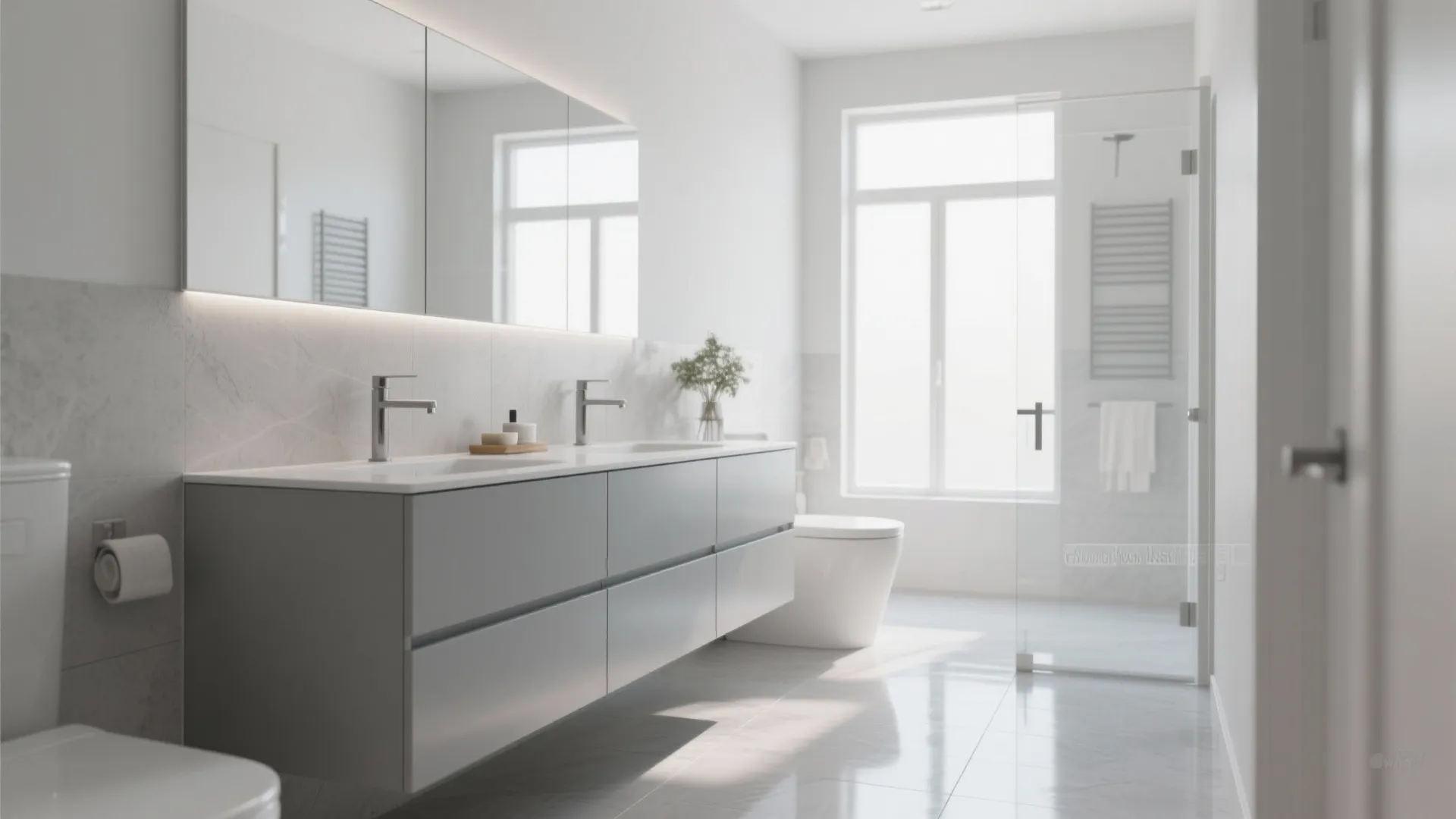 Modern bright bathroom featuring grey floating cabinet with double sinks large mirror and glass shower