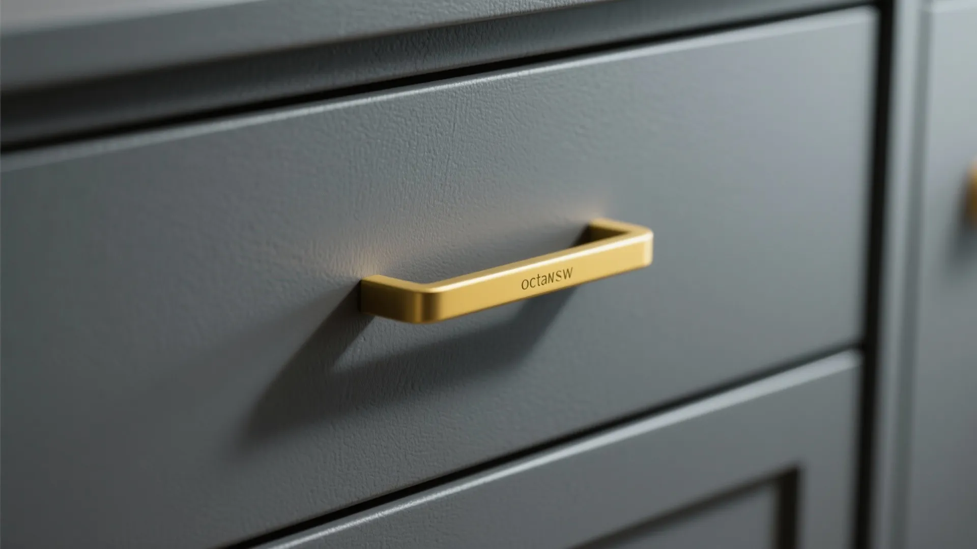 3. Matte Grey Cabinets with Yellow Hardware