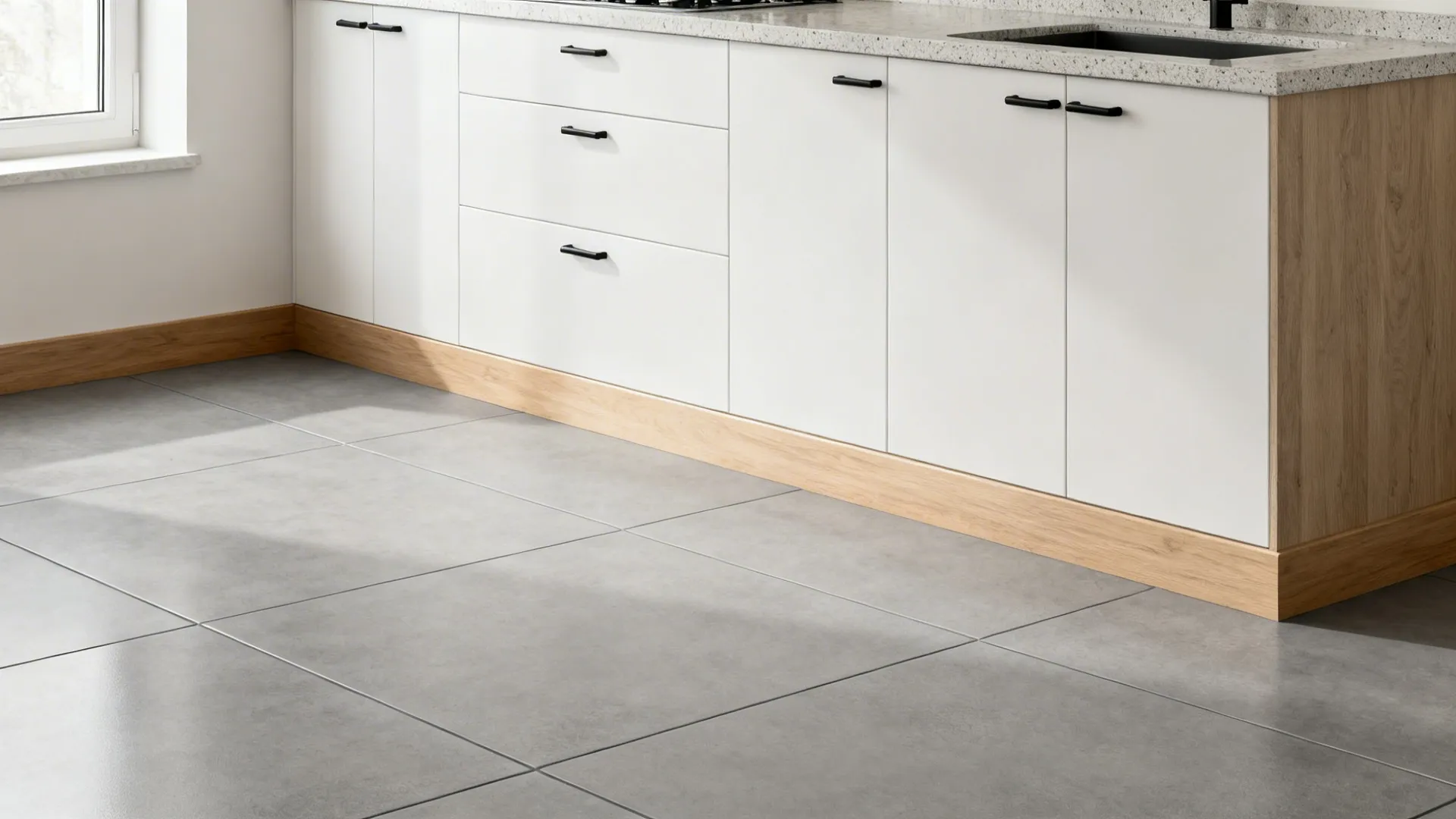 Matte large-format mid-grey porcelain tiles with warm grout in a small kitchen.