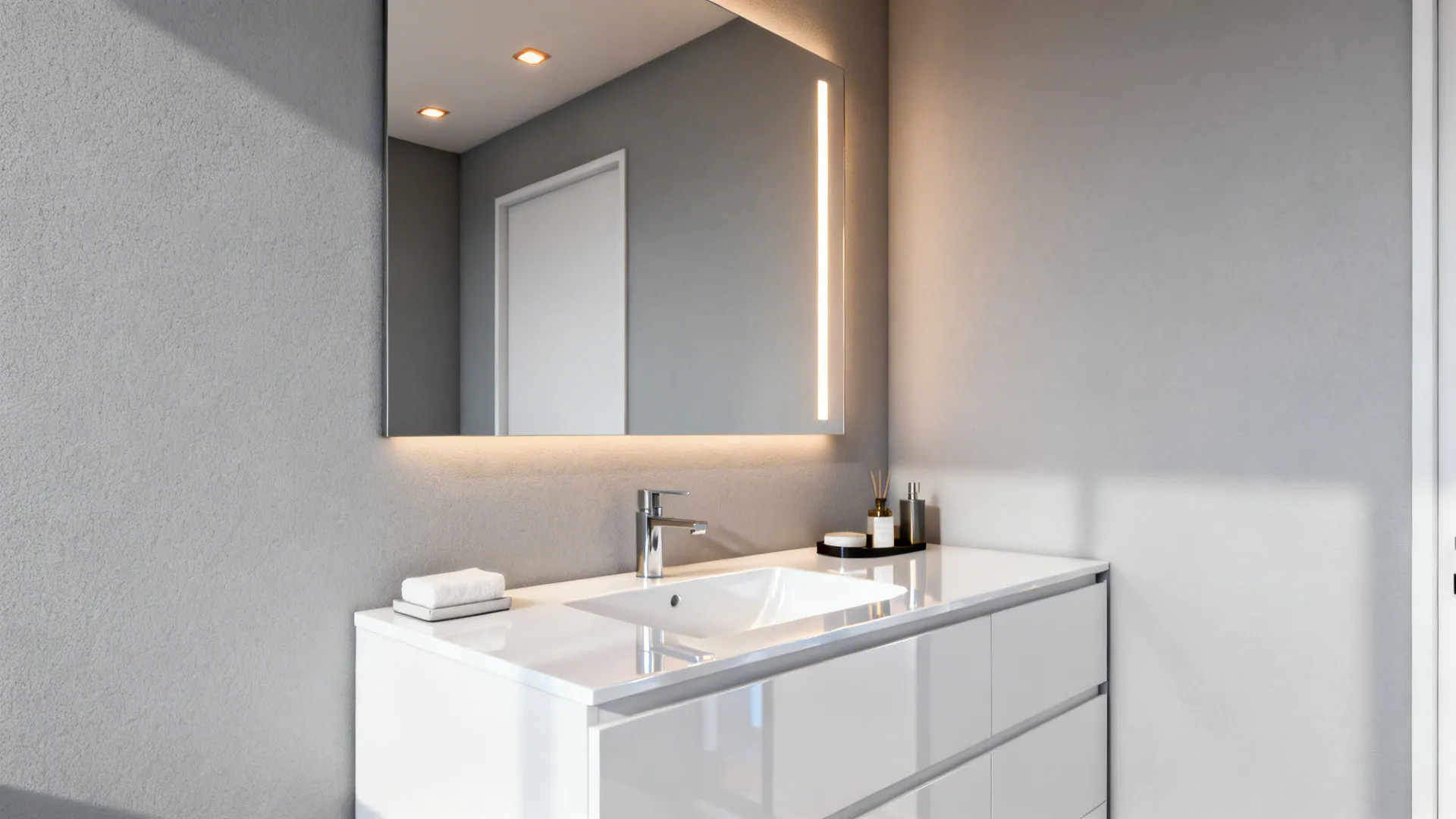 1. Soft Matte Grey Walls with High-Gloss White Fixtures