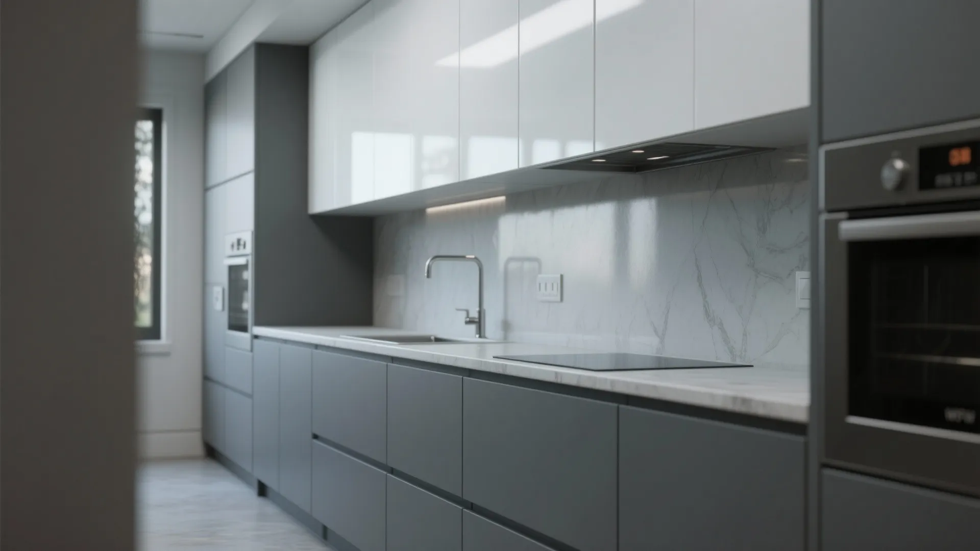 2. Matte Grey Lower Cabinets, Glossy White Upper Cabinets