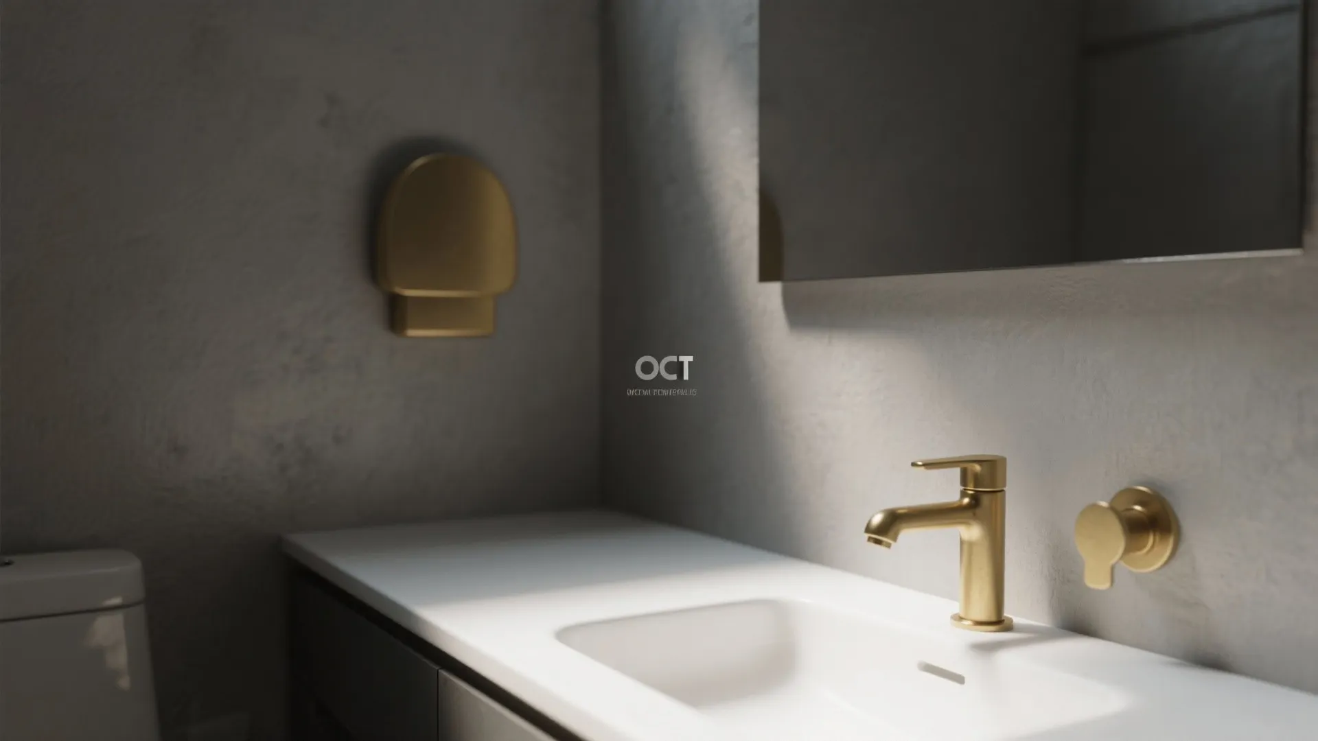 Modern bathroom sink with white countertop and gold water tap against a dark grey wall