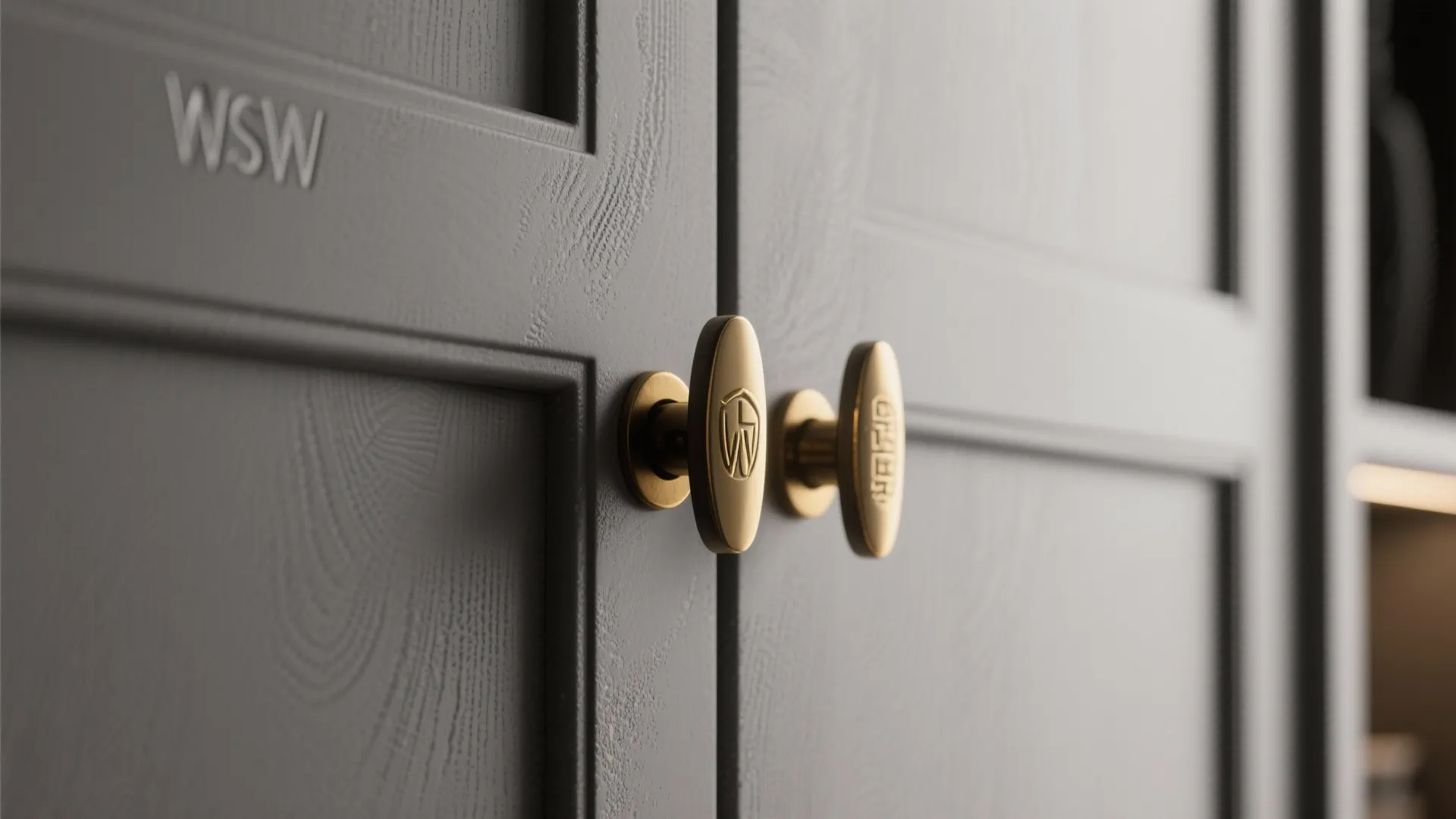 Close up of gold door handles on grey wooden cabinet doors with elegant wall panel texture