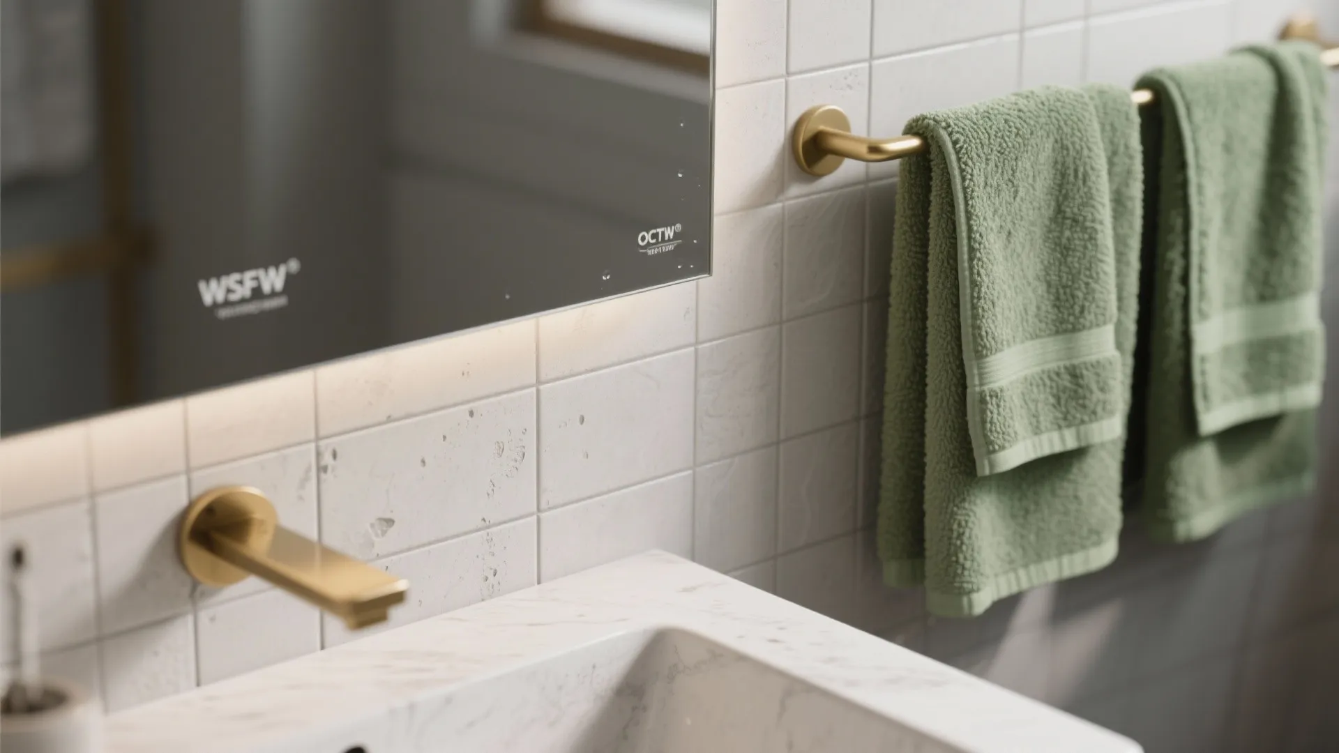 Close-up of matte grey tile texture with olive towels and warm brass detail