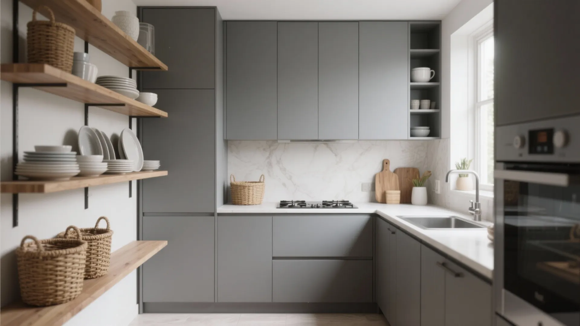 3. Matte Grey + Open Shelving: modern and functional