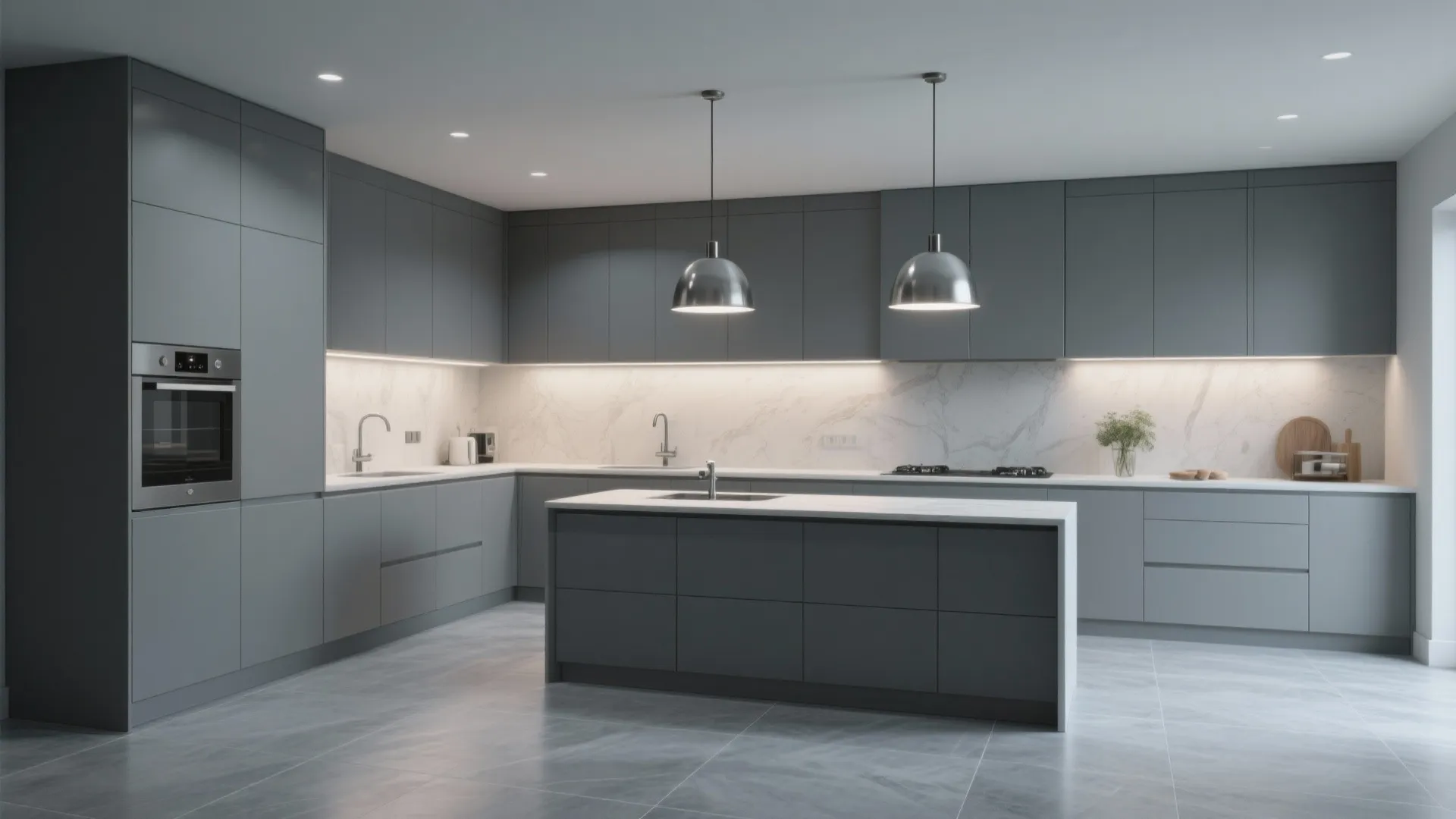 Modern kitchen with matte grey cabinets white marble backsplash large island and two silver ceiling lights