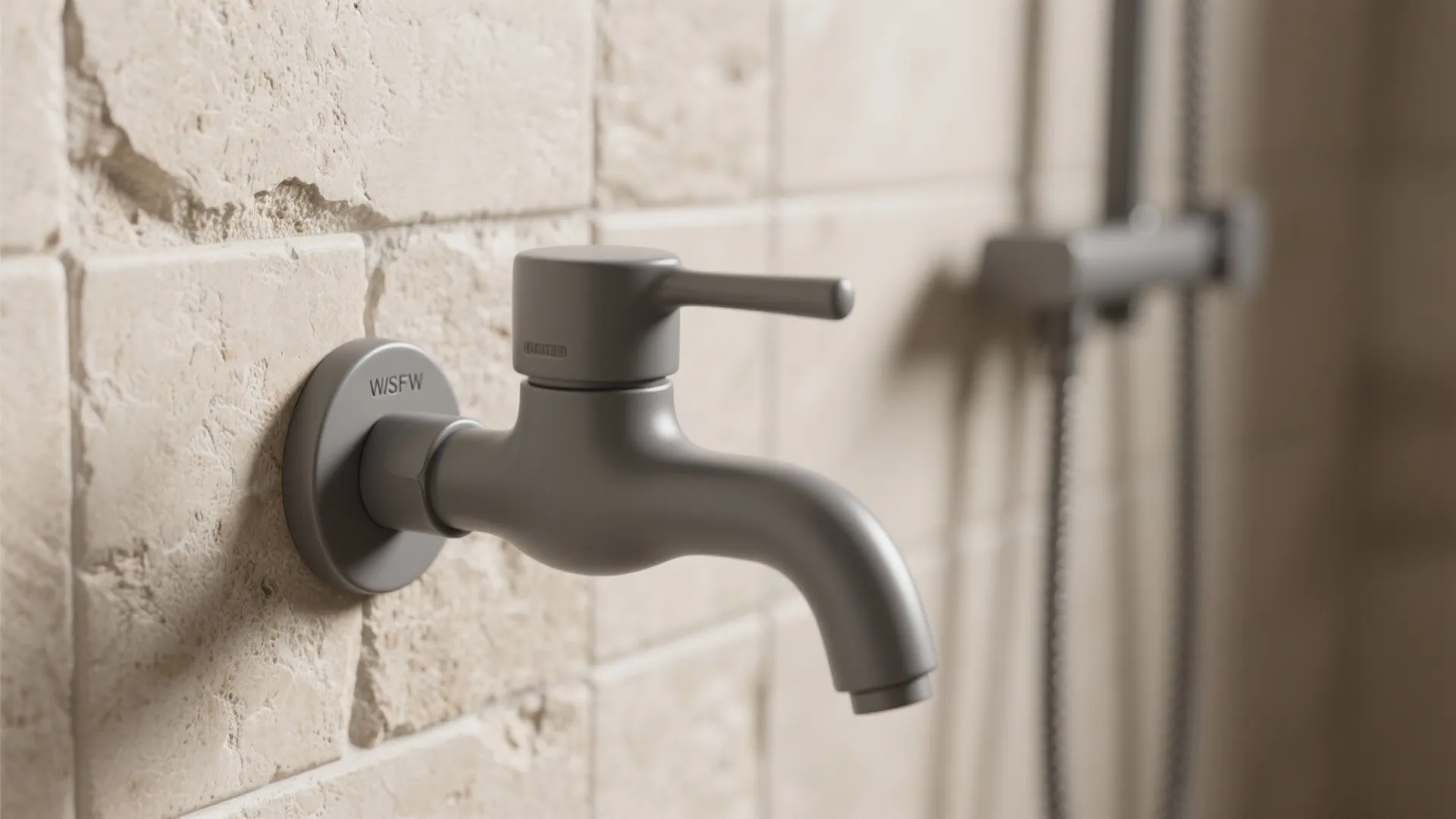 Matte grey water tap mounted on textured beige stone wall tiles in a modern bathroom