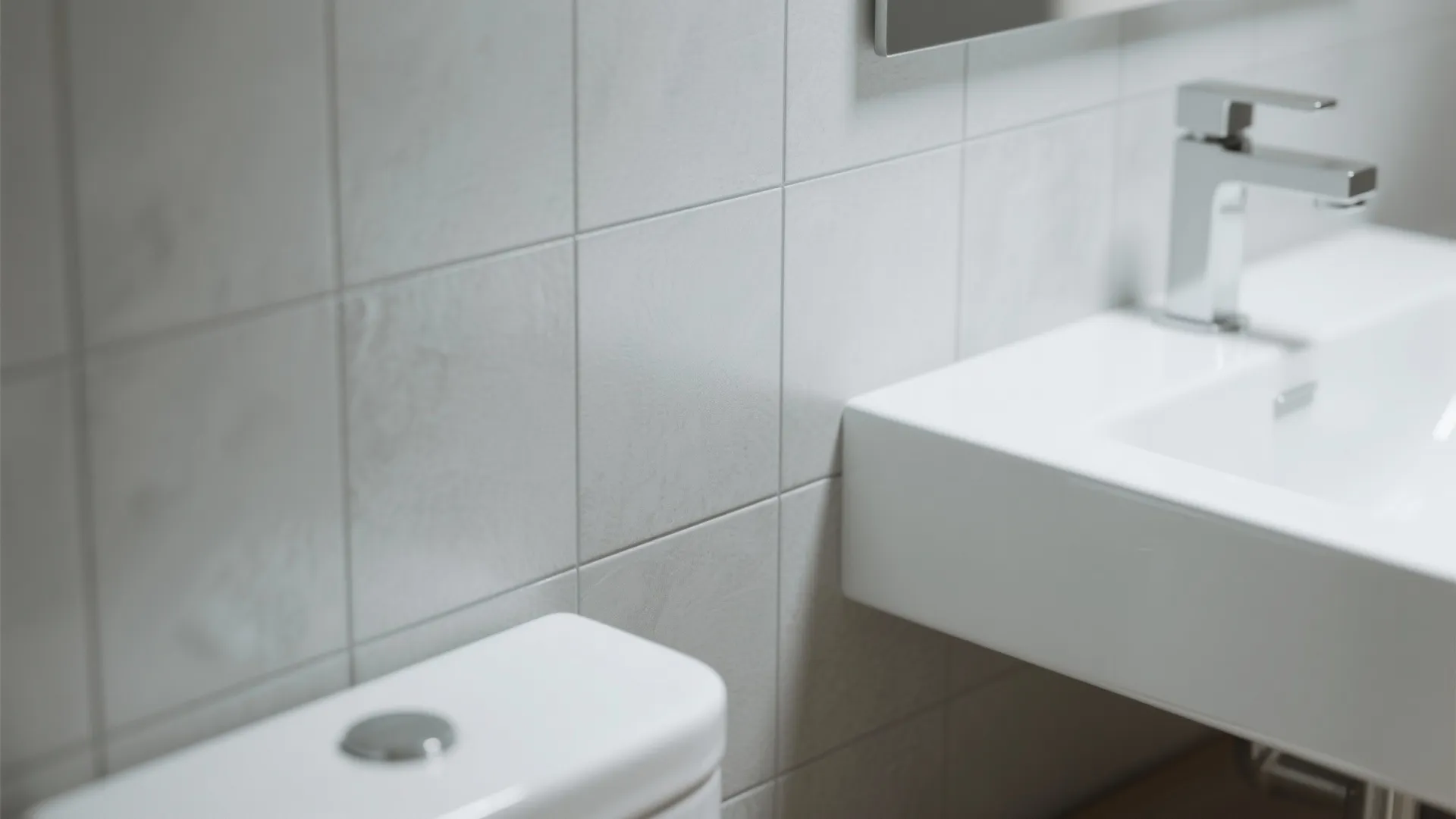 1. Soft matte grey tiles with crisp white fixtures