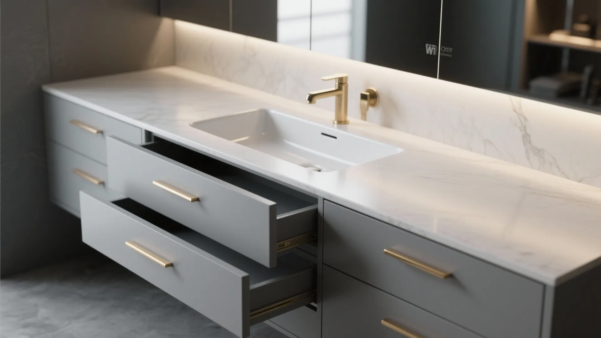 5. Matte Grey Cabinetry with Gold Handles