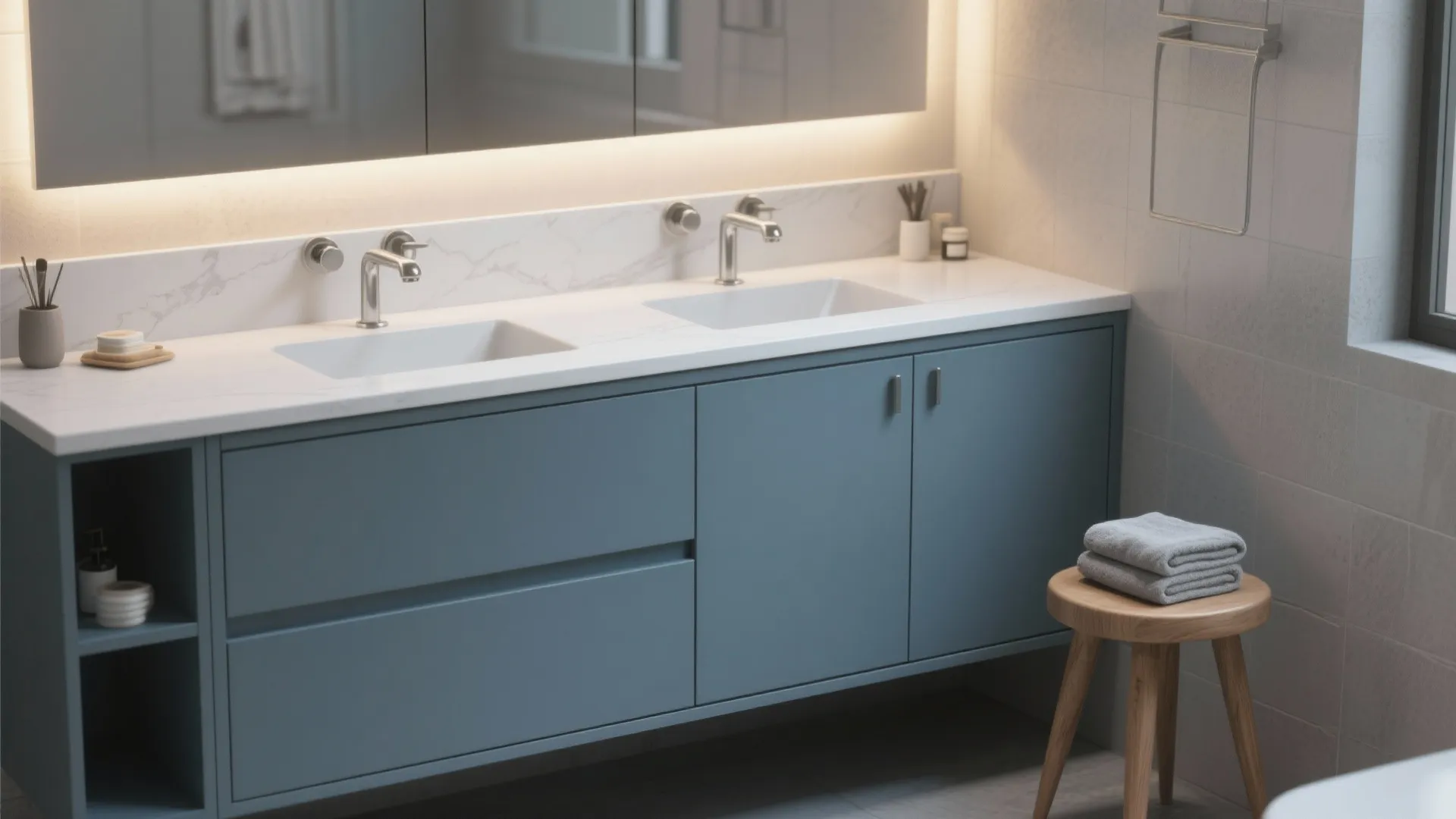 Modern blue double sink cabinet with white marble countertop silver faucets and small wooden stool
