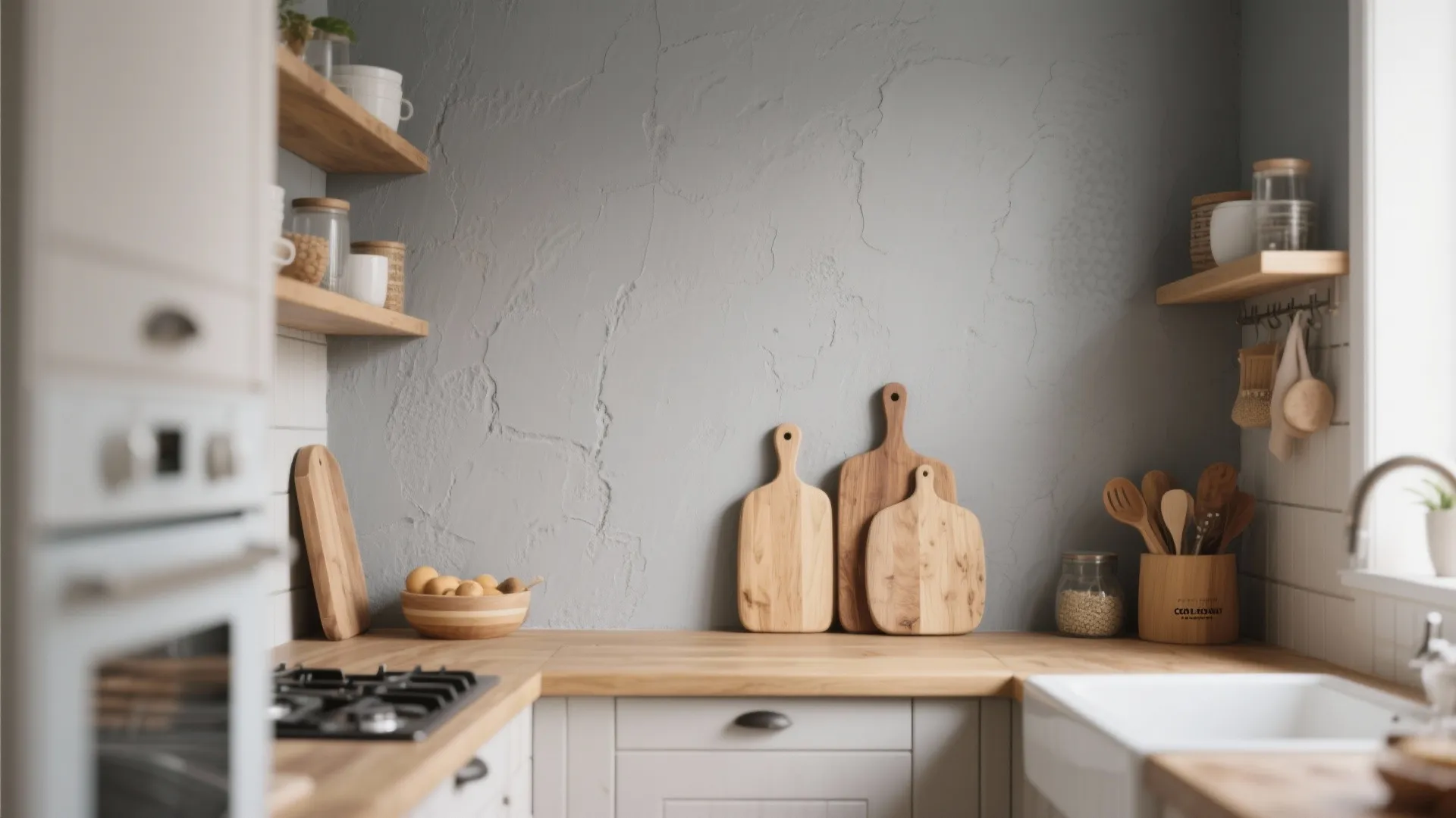 Kitchen wood countertop with cutting boards, wooden spoons, wall shelves, and matte grey textured wall