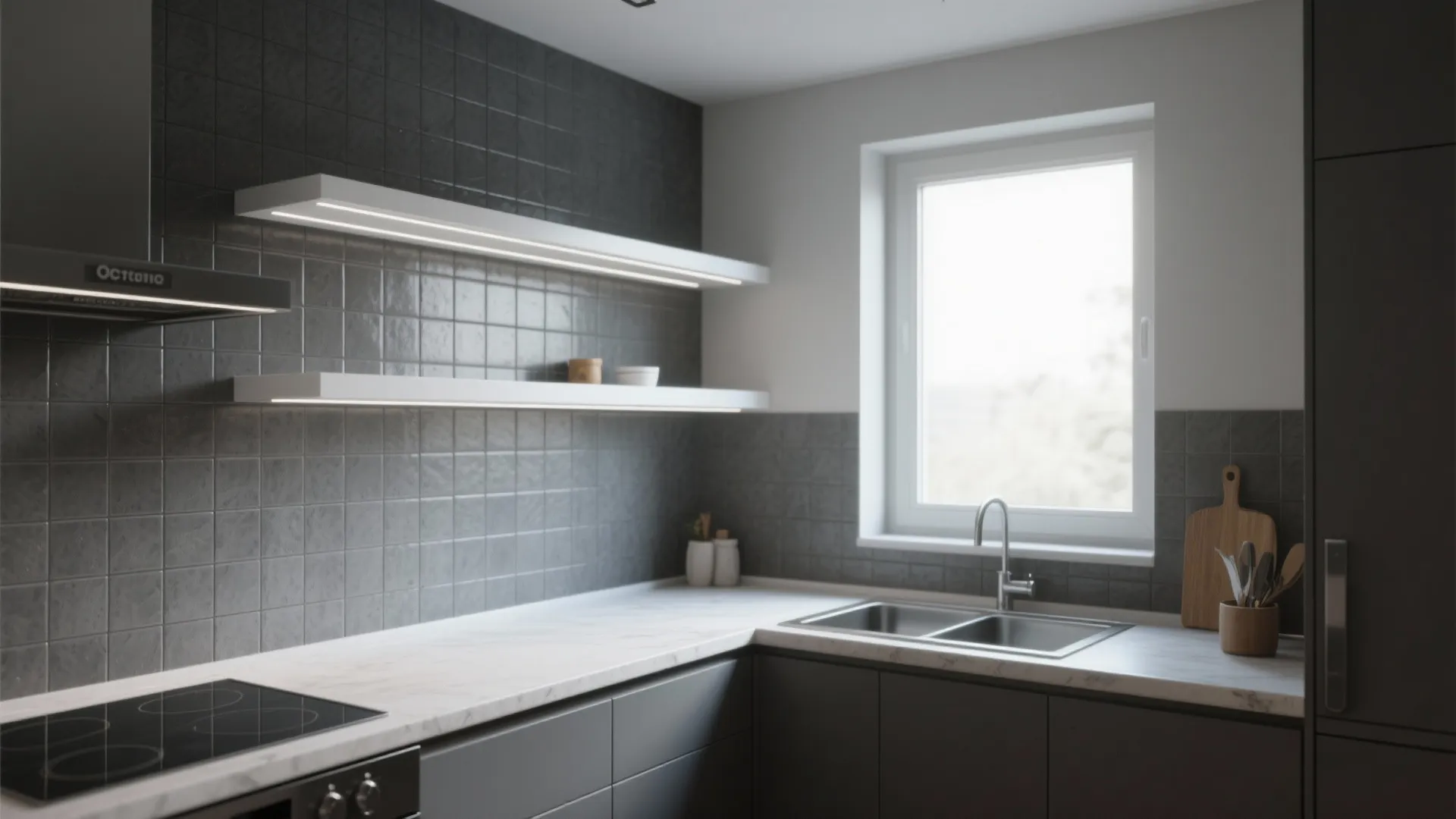 3. Matte Grey Tiles with White Accents
