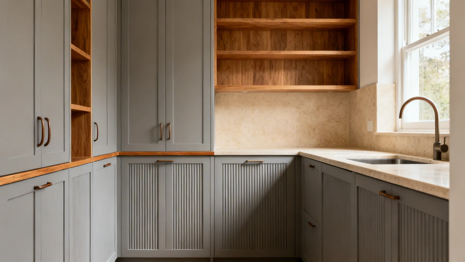 Grey kitchen cabinets with wooden shelves stone backsplash and sink with a modern metal faucet