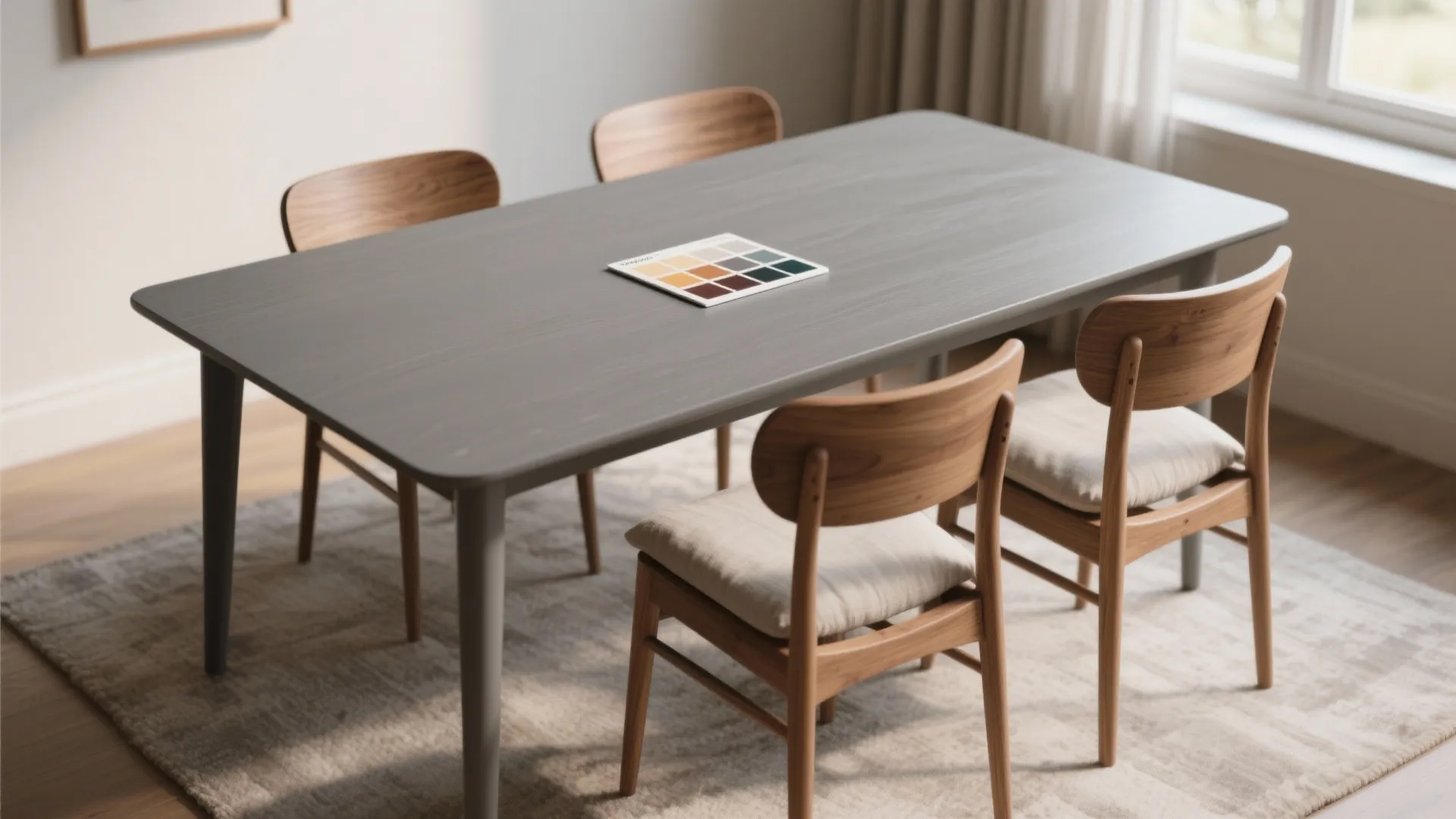 1. Pair a matte grey table with warm wood chairs