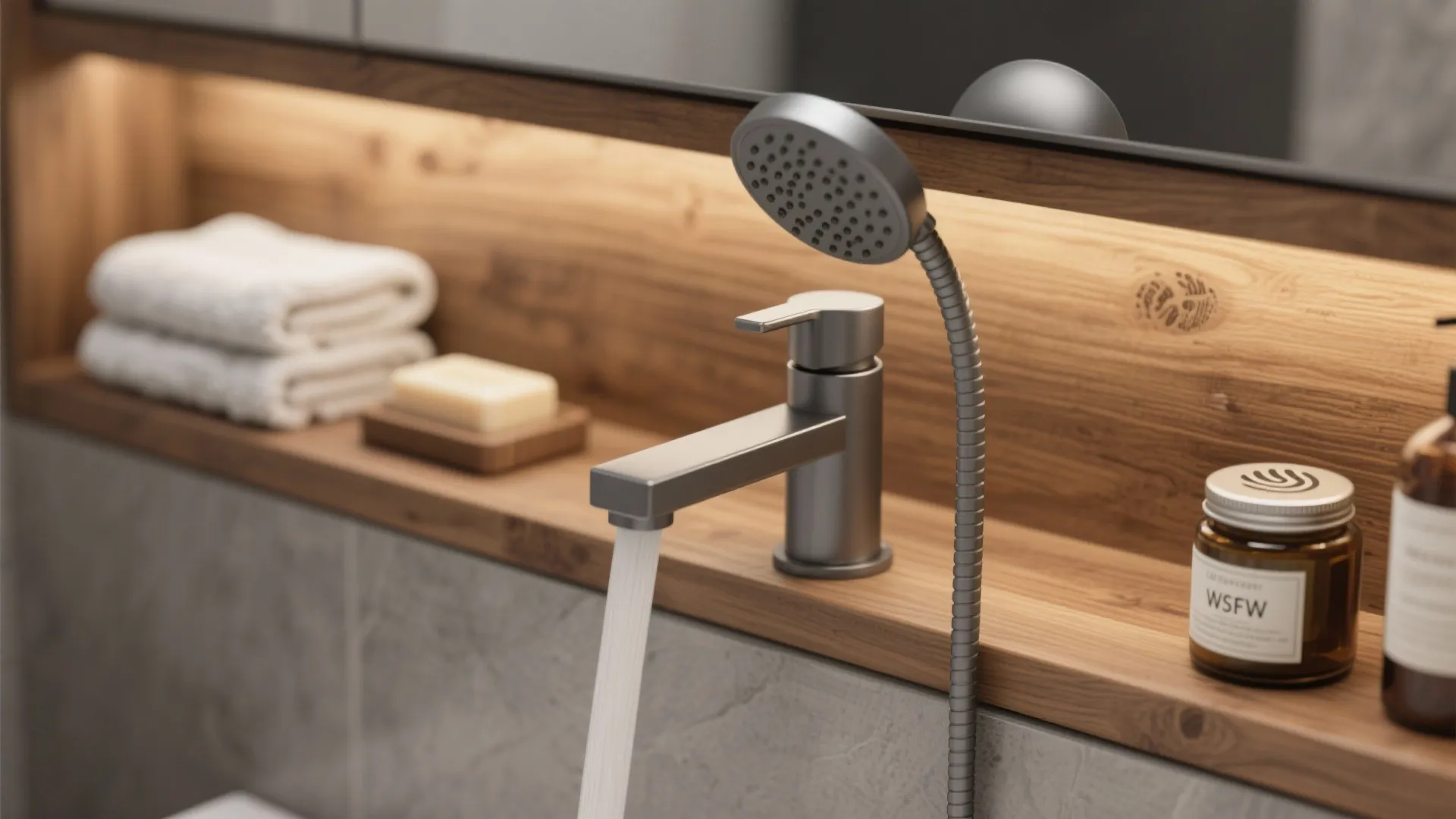 Matte grey bathroom faucet with running water on wood shelf near towels and glass jar