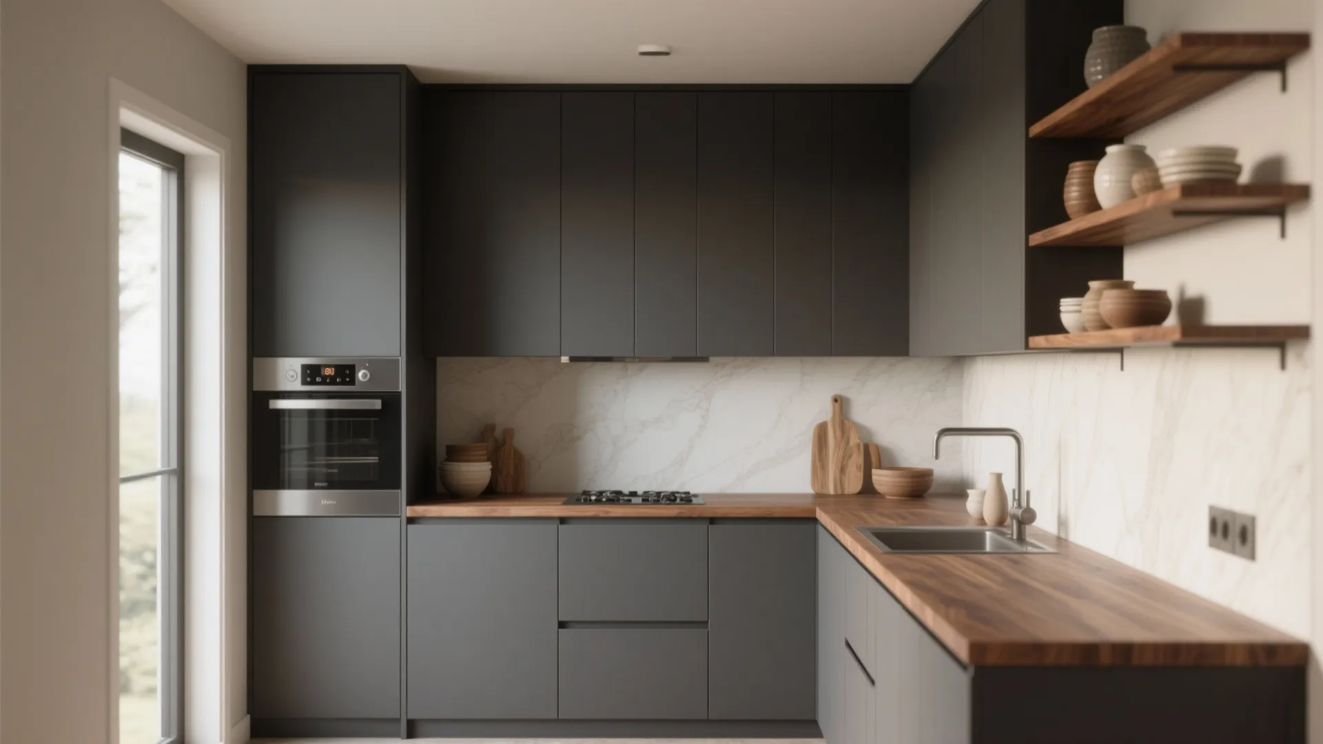 Matte dark grey cabinets paired with walnut open shelving holding ceramics and plants