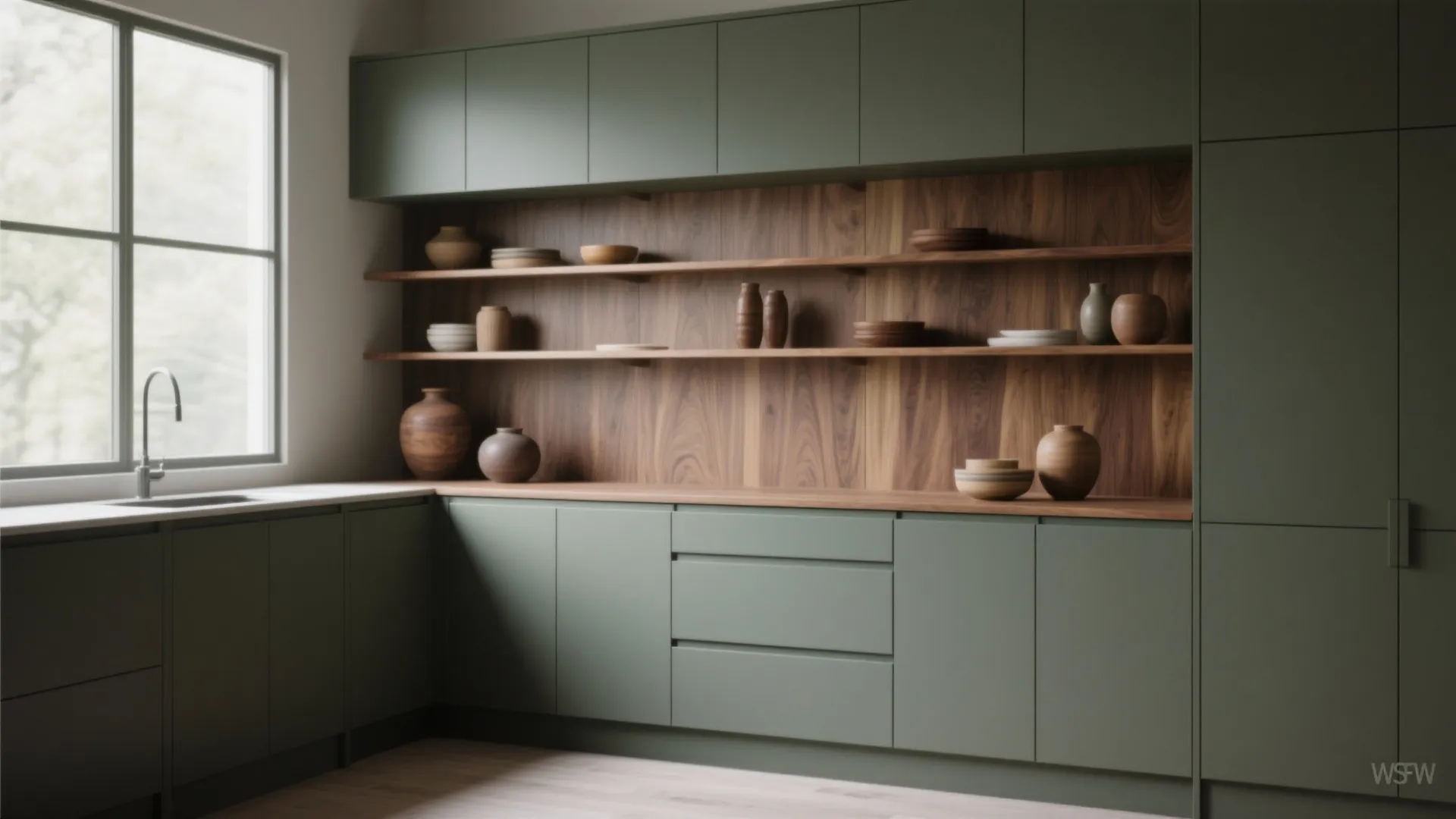 1. Matte grey-green cabinets with warm wood accents