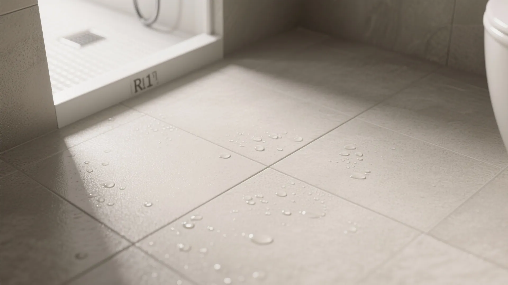 Close up view of beige matte floor tiles with water droplets in a modern bathroom