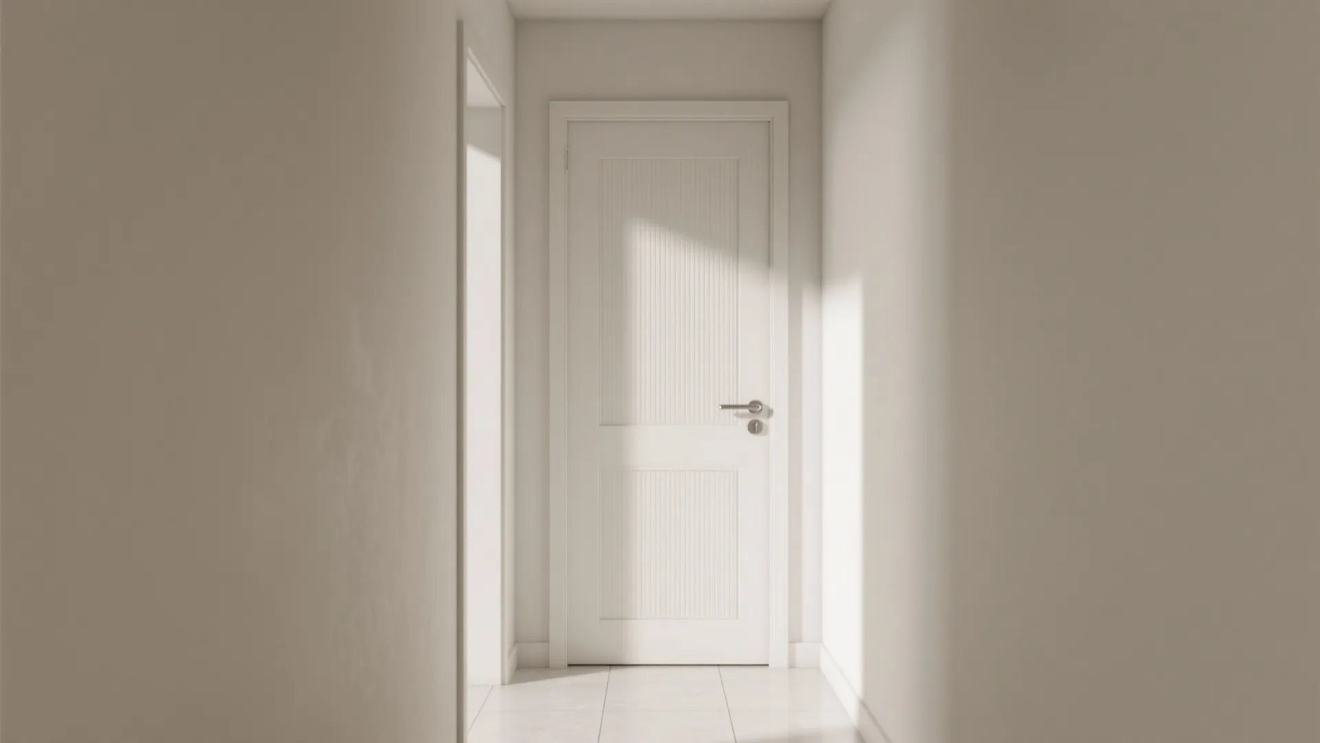 Minimalist white door with vertical lines located at the end of a clean bright hallway