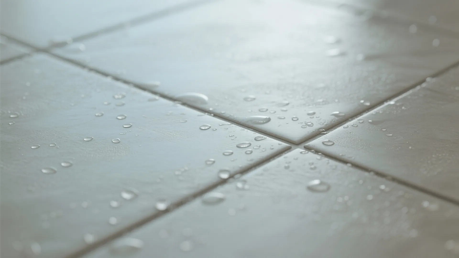 Close up of light grey floor tiles with water drops and clean thin grout lines