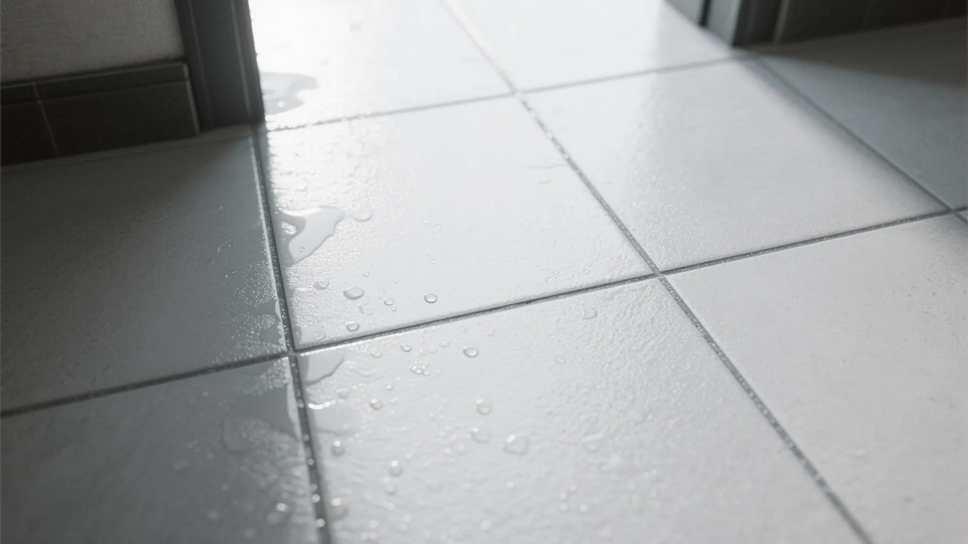 Close up view of white floor tiles with grey lines and water droplets on the surface