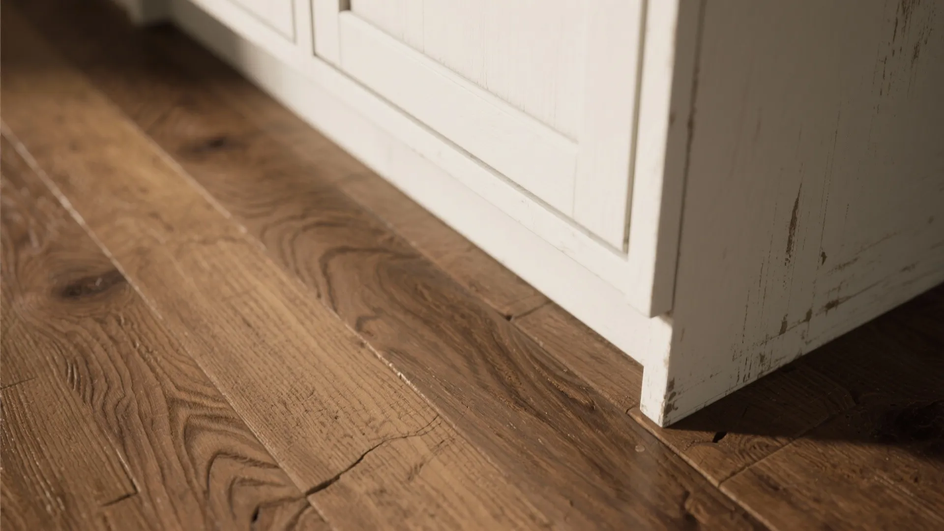 Close up of dark brown wooden floor boards meeting white cabinet base in bright sunlight