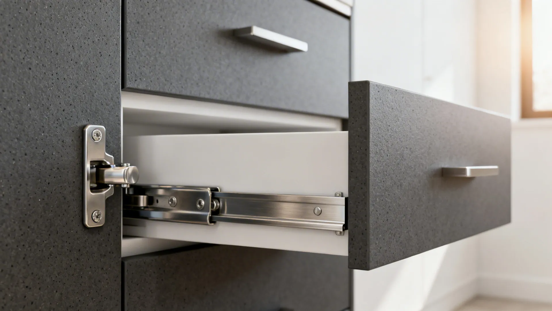 Macro of matte laminate door with anti-fingerprint finish and soft-close hinge.