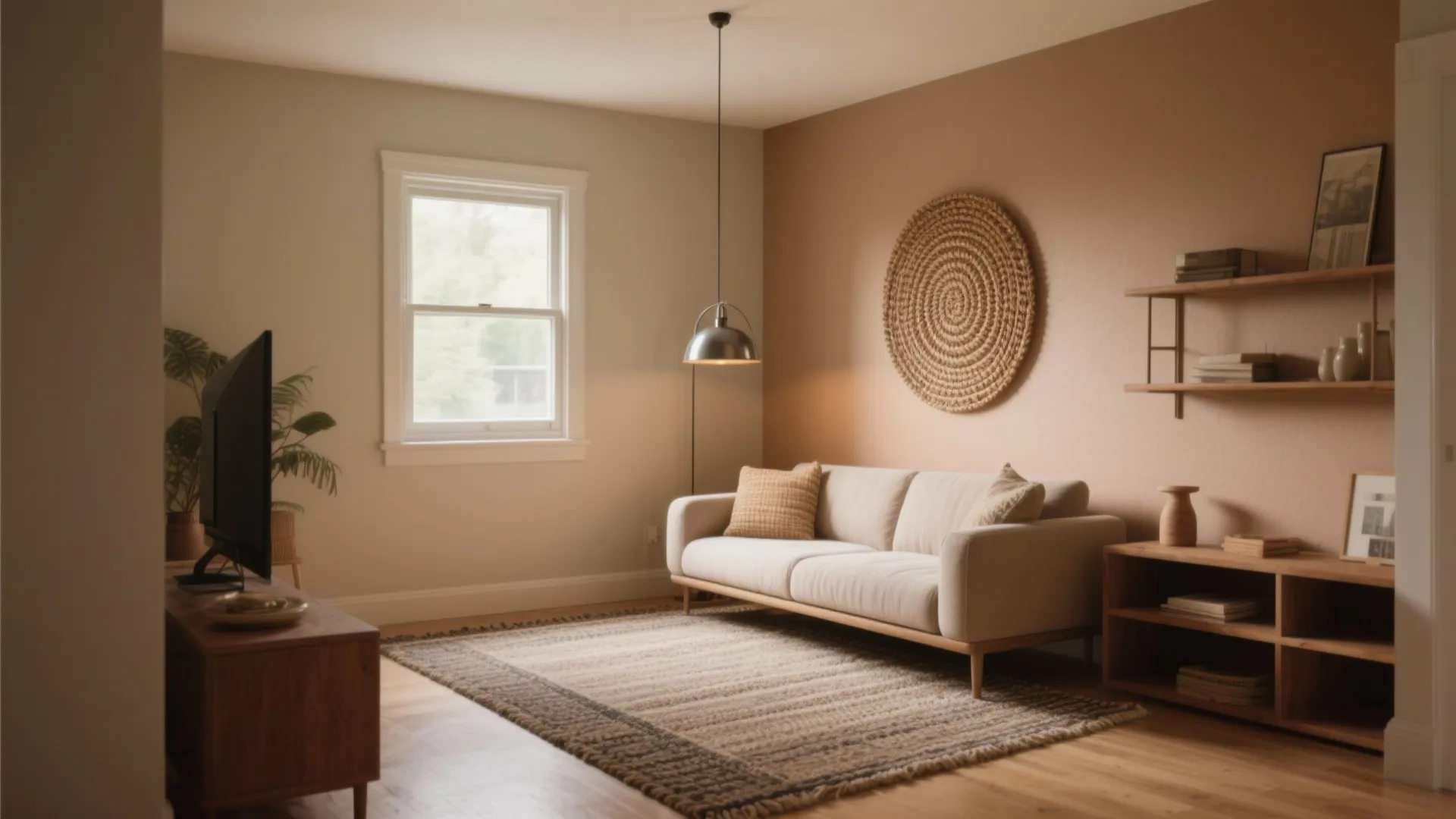 Living room with beige sofa, peach accent wall, wooden shelves, rug, hanging metal ceiling light