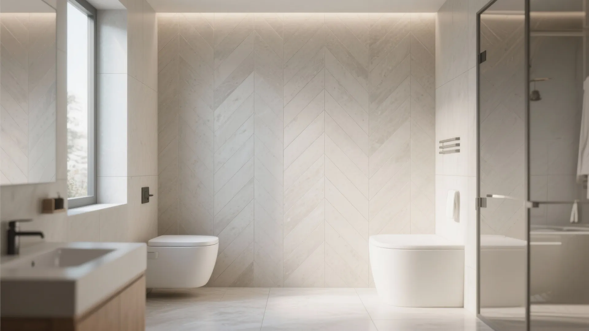 Clean bathroom design with light grey herringbone wall tiles white toilet and glass shower door