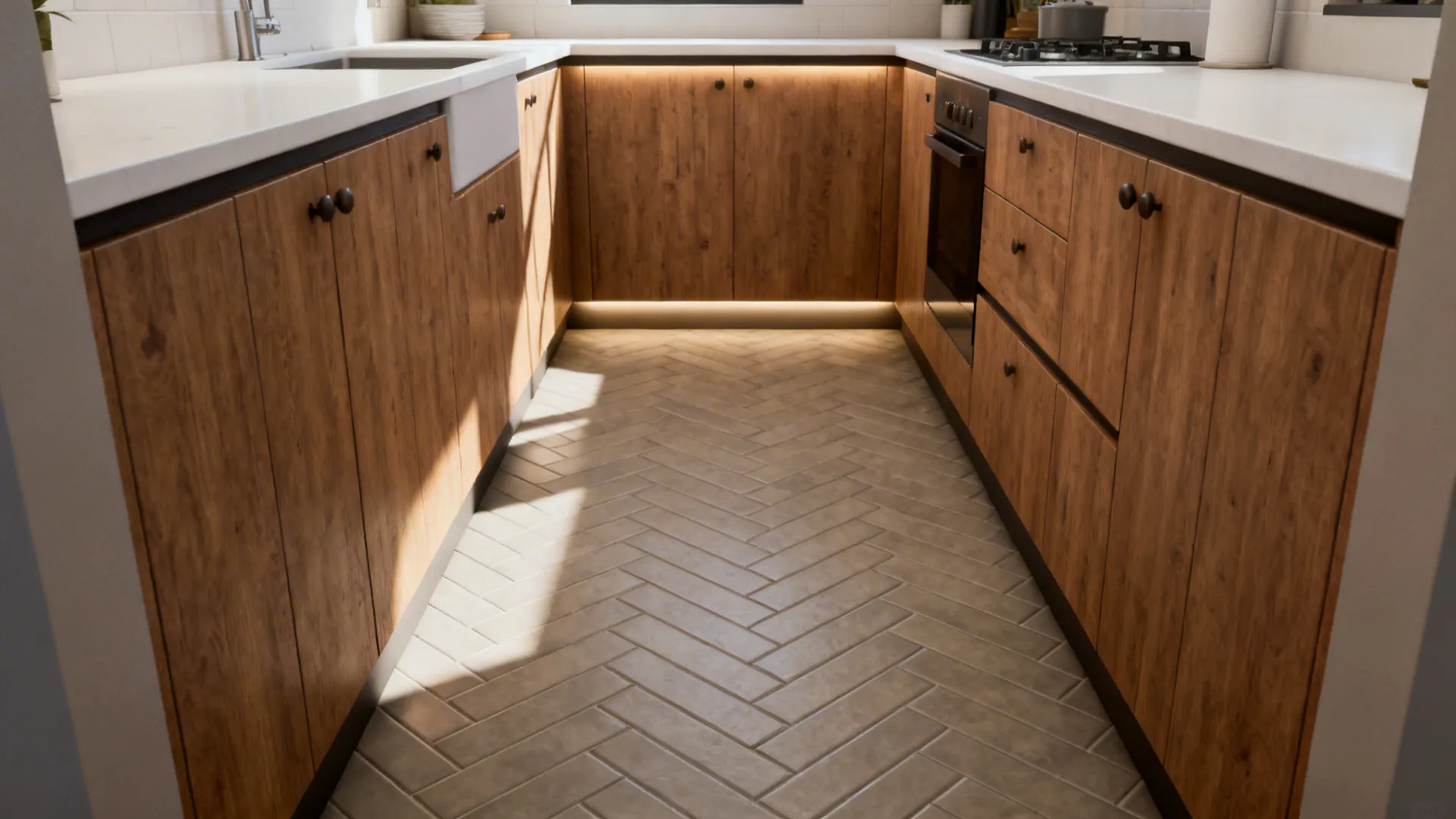 Small galley kitchen with matte greige porcelain herringbone floor that elongates the room.