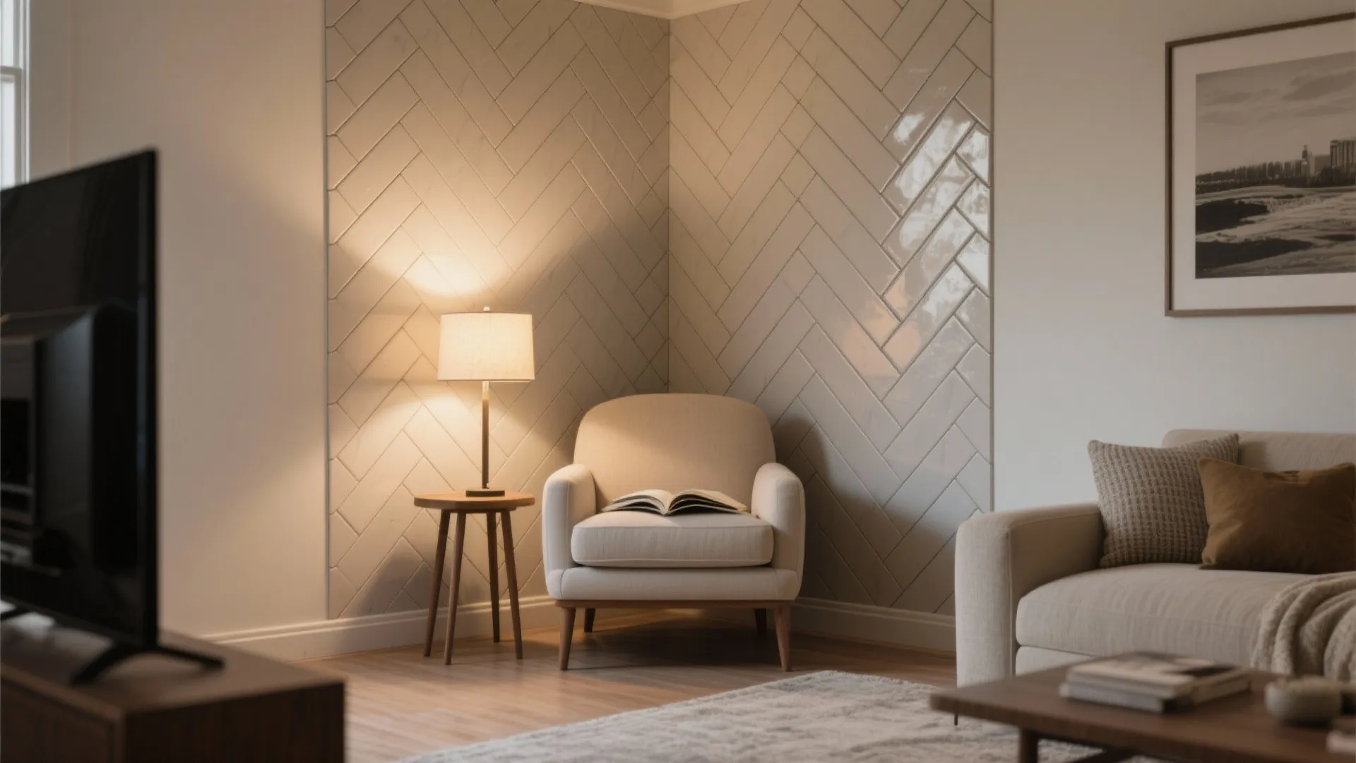 Matte subway tile in a herringbone field for texture without noise