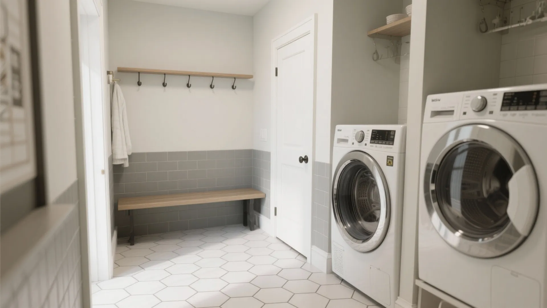 3) Matte hex tile floors with color-blocked zones