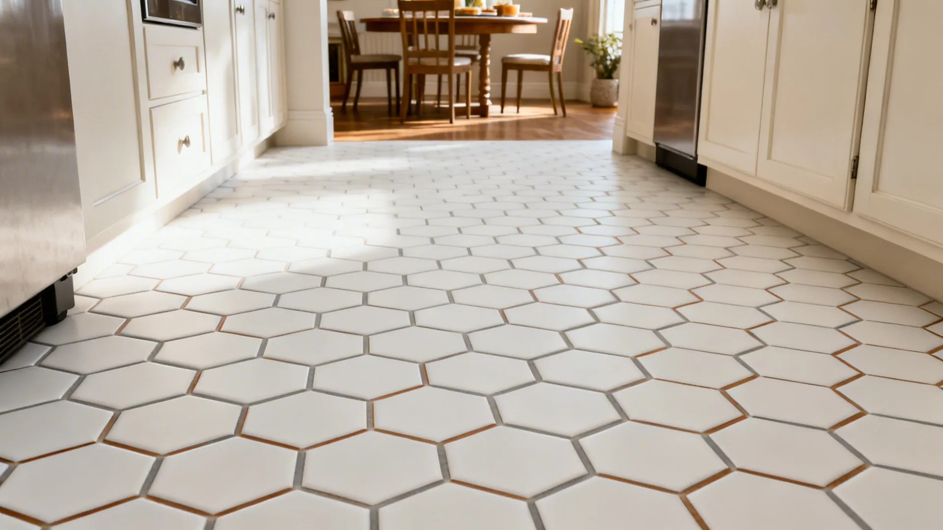 Matte white hex tile floor with warm-gray grout in a small kitchen.
