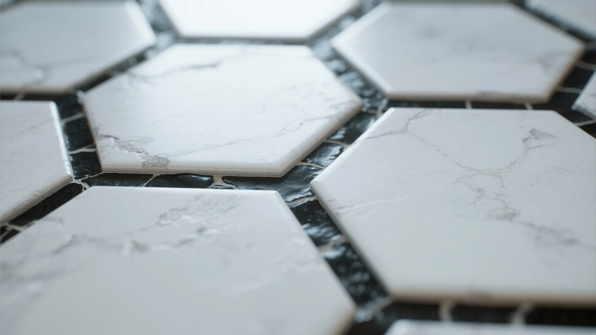 Close up view of white marble hexagon floor tiles with black grout in a bathroom