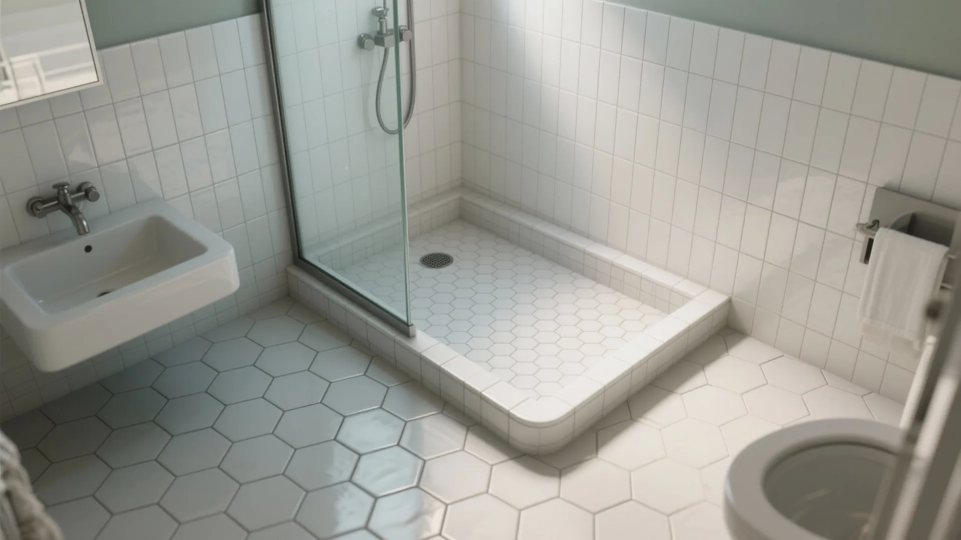Bright bathroom with white hexagonal floor tiles glass shower door small sink toilet and white walls