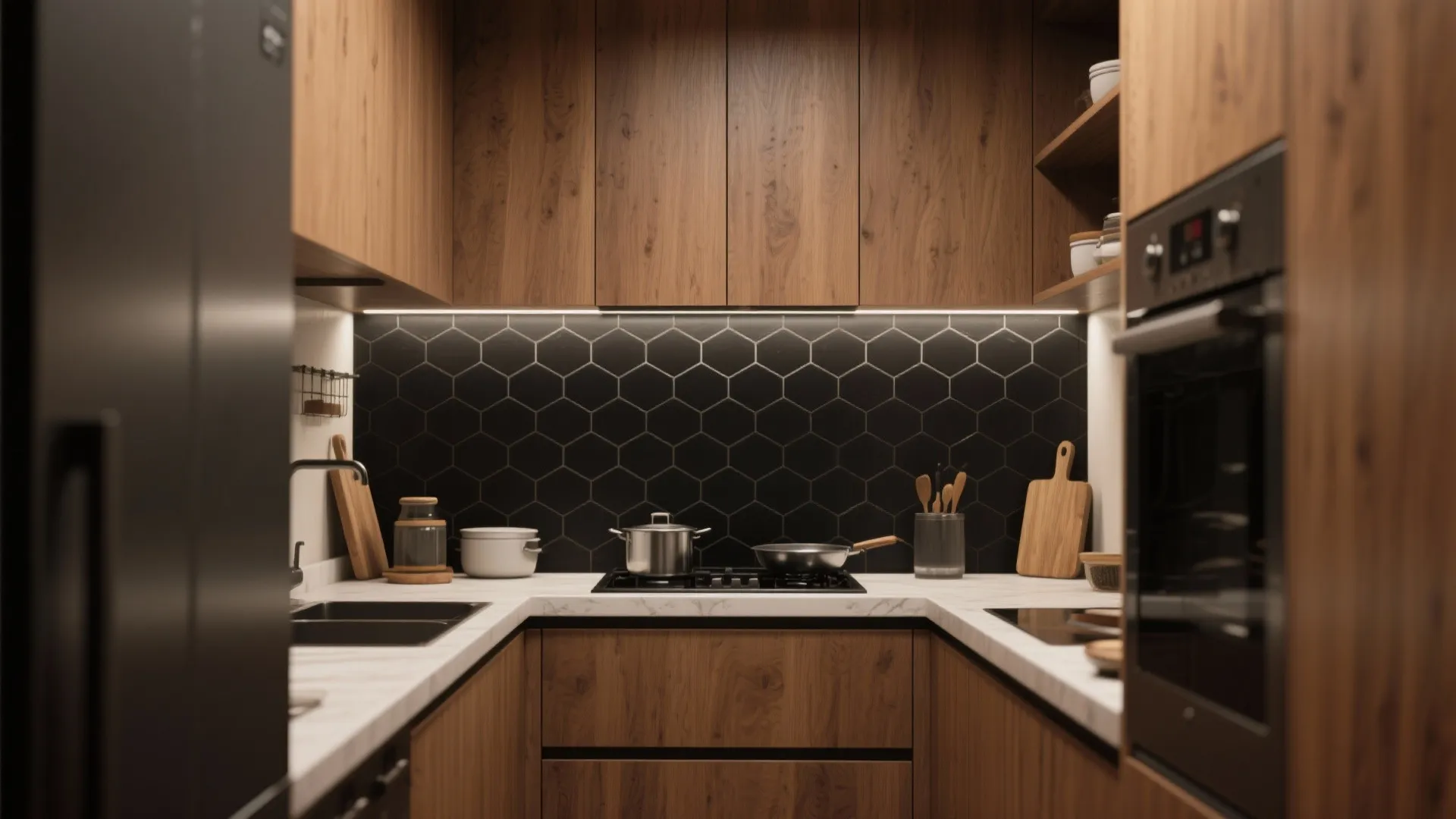 Modern small kitchen with wood cabinets black hexagonal wall tiles white countertop and built in oven