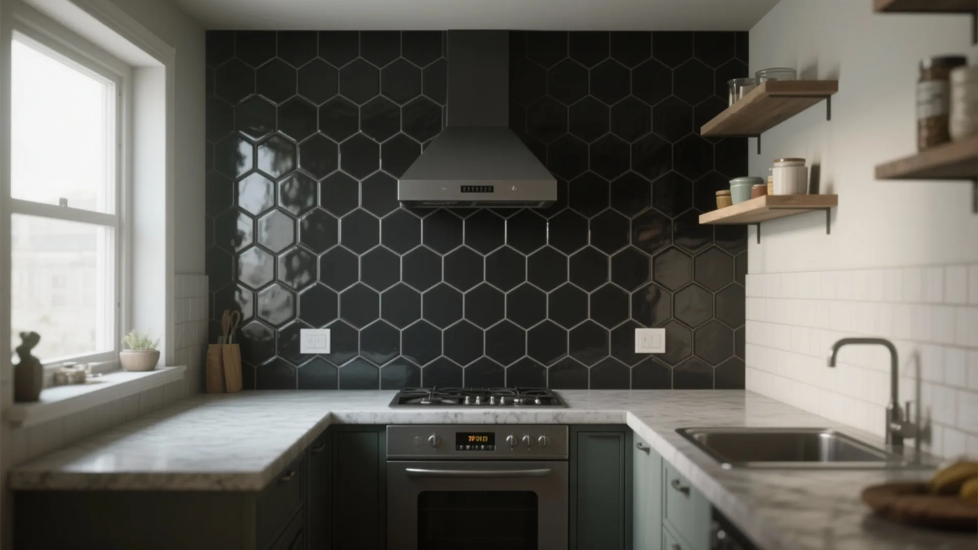 Kitchen interior with black hexagon wall tiles marble countertops green cabinets and a silver stove hood