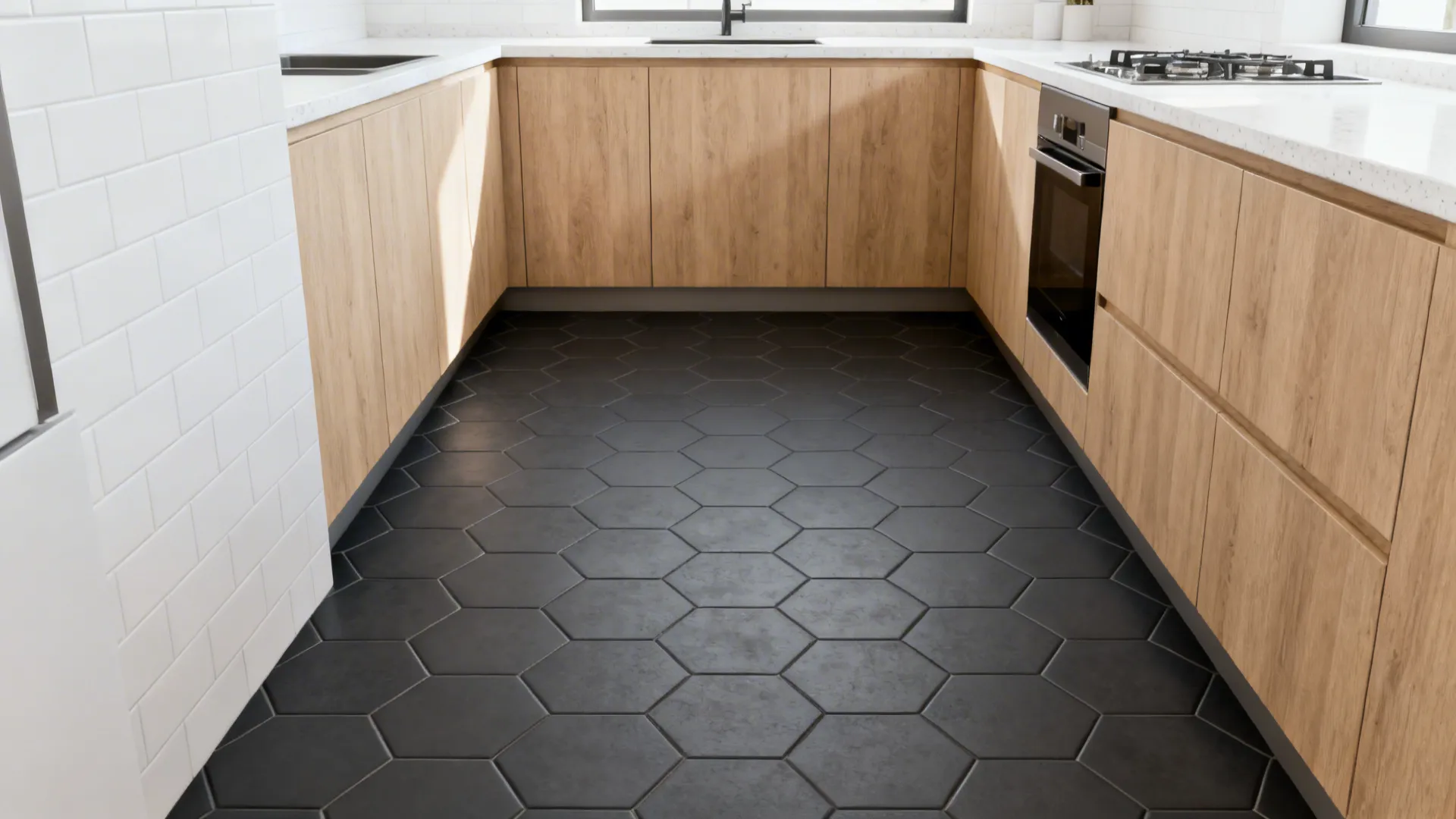 L-shaped kitchen with matte charcoal hexagon floor tiles and pale oak cabinets.