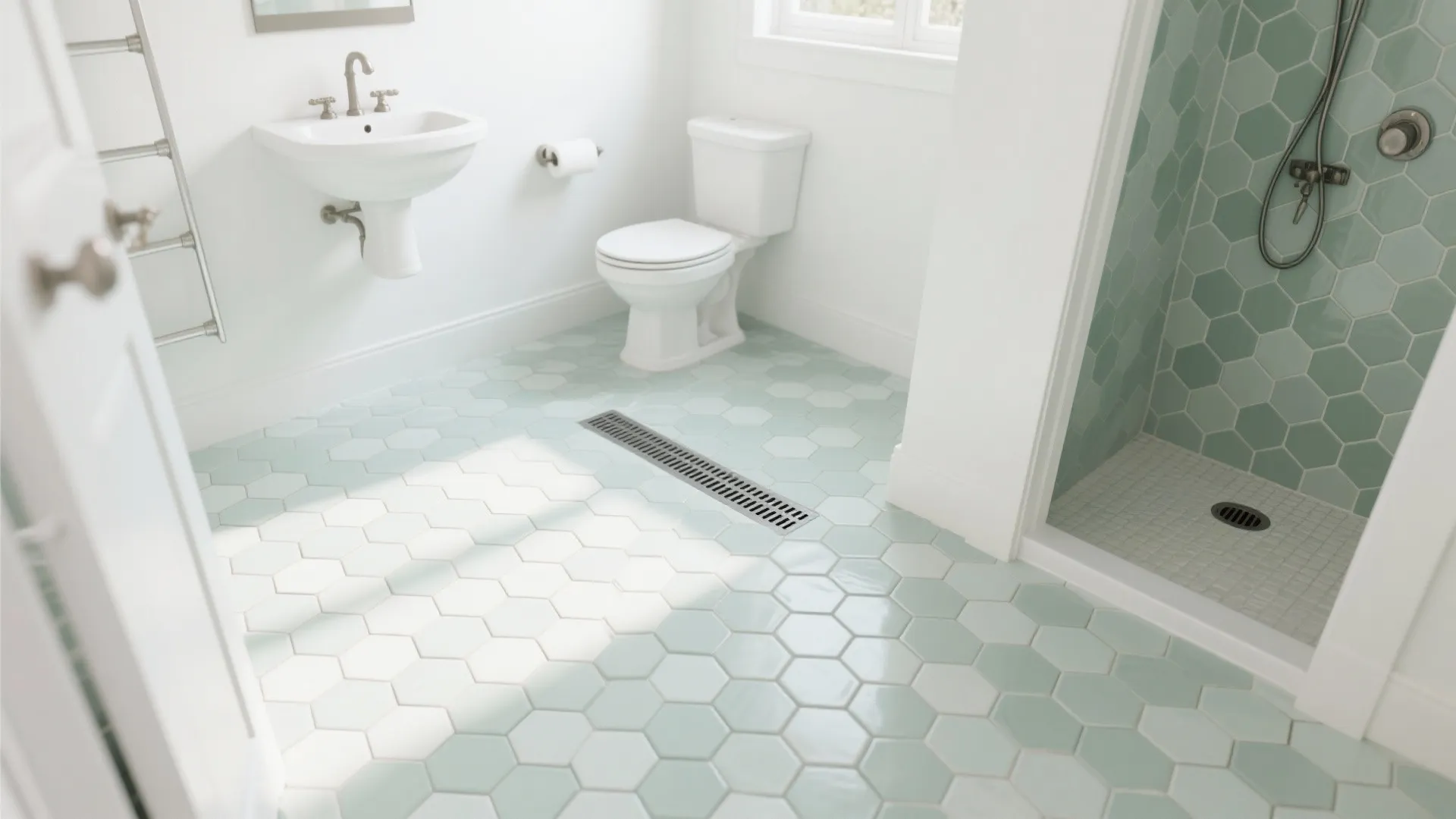Soft sage matte hex mosaics with linear drain provide grip and charm in a bright bathroom.