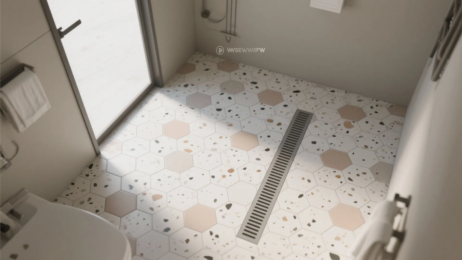 Top-down view of matte hex or terrazzo-look bathroom floor with neutral tones; calm solid matte walls.