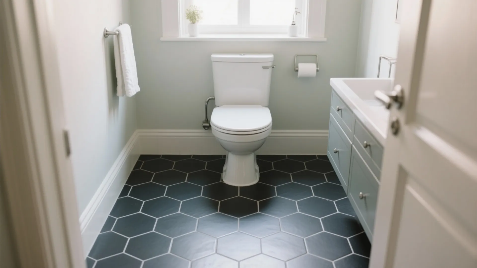 Clean bathroom design with dark grey hexagon floor tiles white toilet and light green cabinet