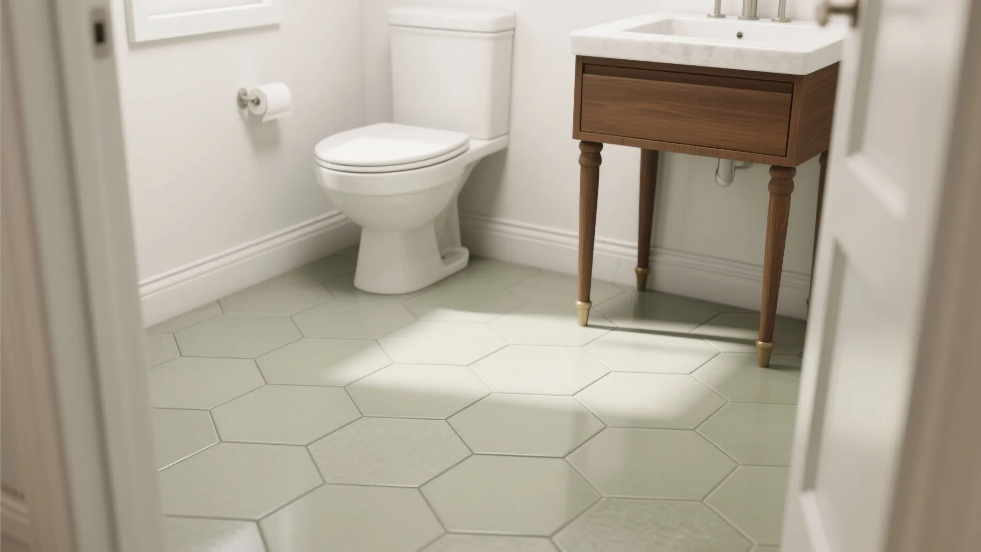 2. Matte sage hexagon floor tiles